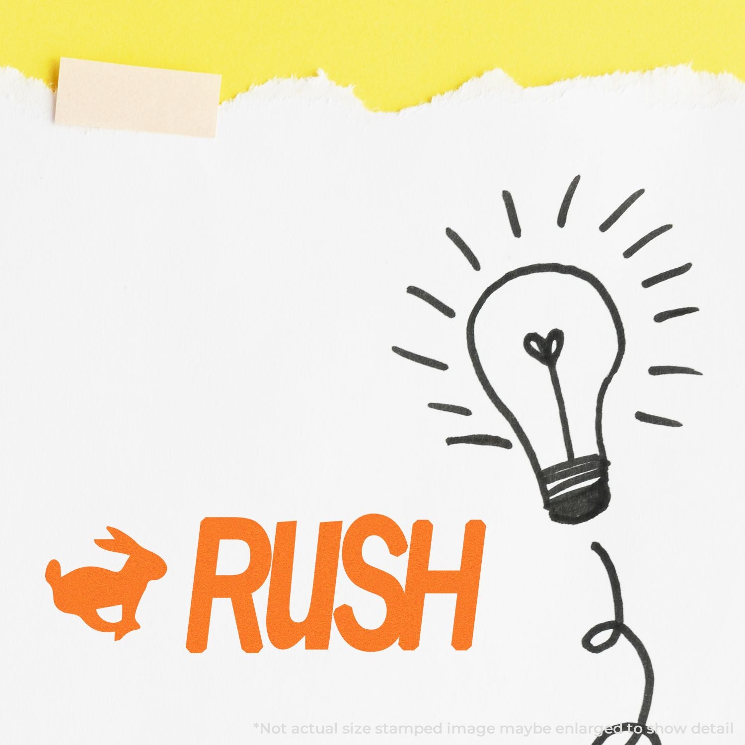 Orange RUSH logo with rabbit icon and hand-drawn lightbulb on white and yellow paper background