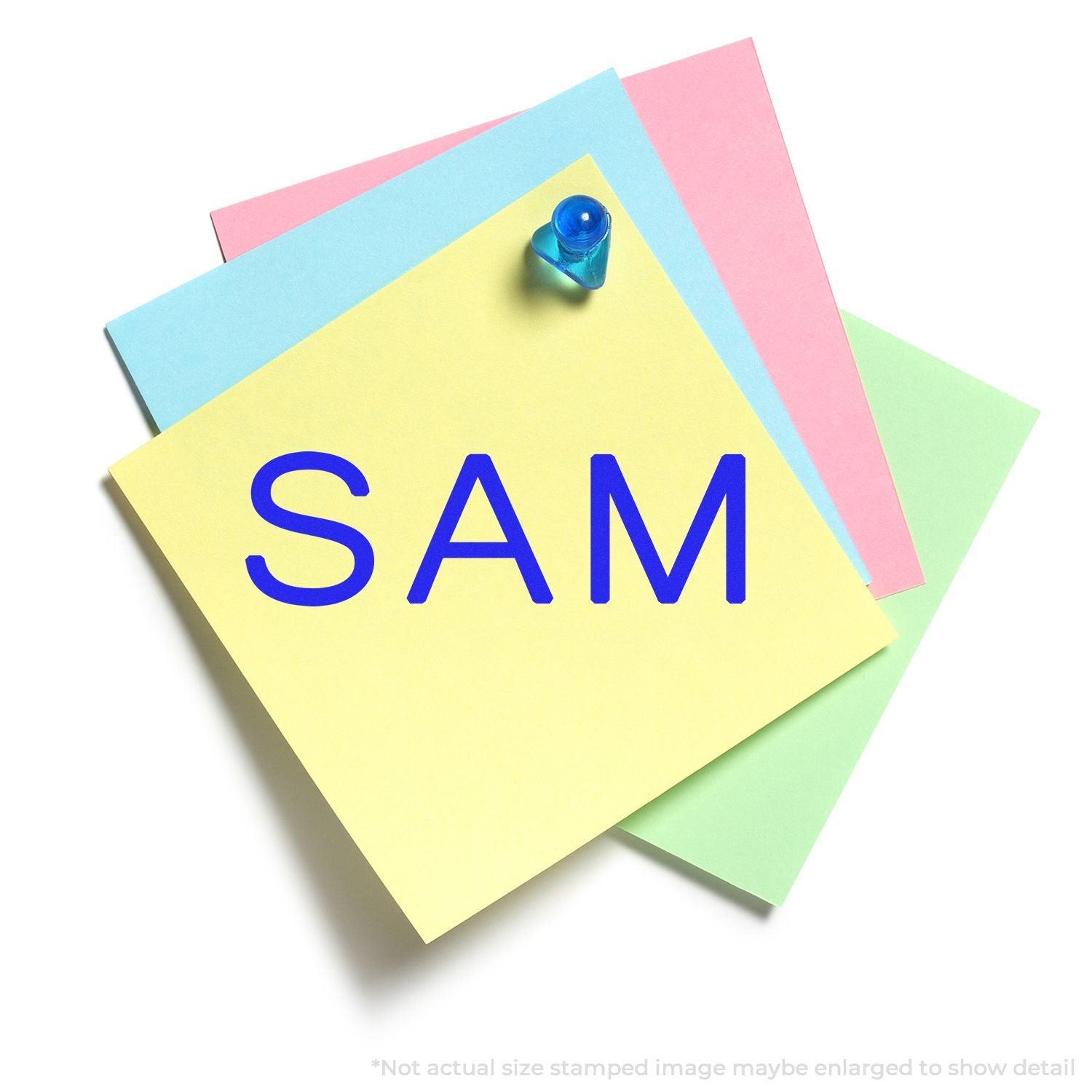 Colorful pastel sticky notes with SAM text pinned by a blue thumbtack on a white background.