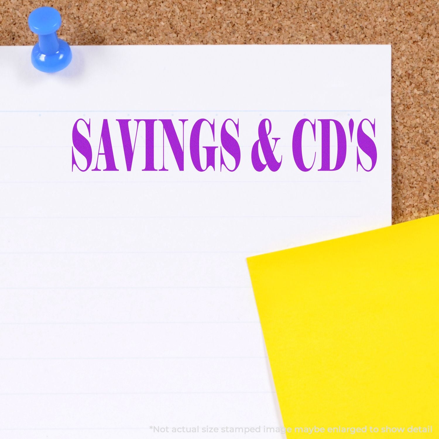 Purple Savings & CDs text on a pinned white note against a corkboard with a yellow sticky note.
