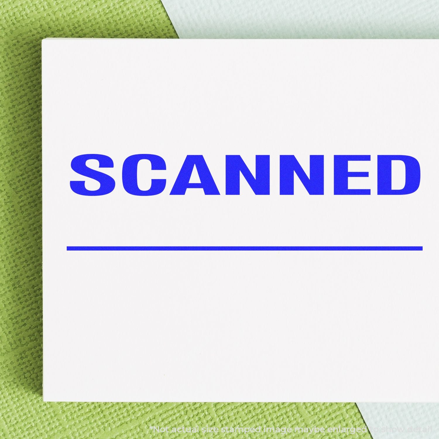 Scanned document concept: white card with blue SCANNED label on green background, indicating scanned files for archiving.