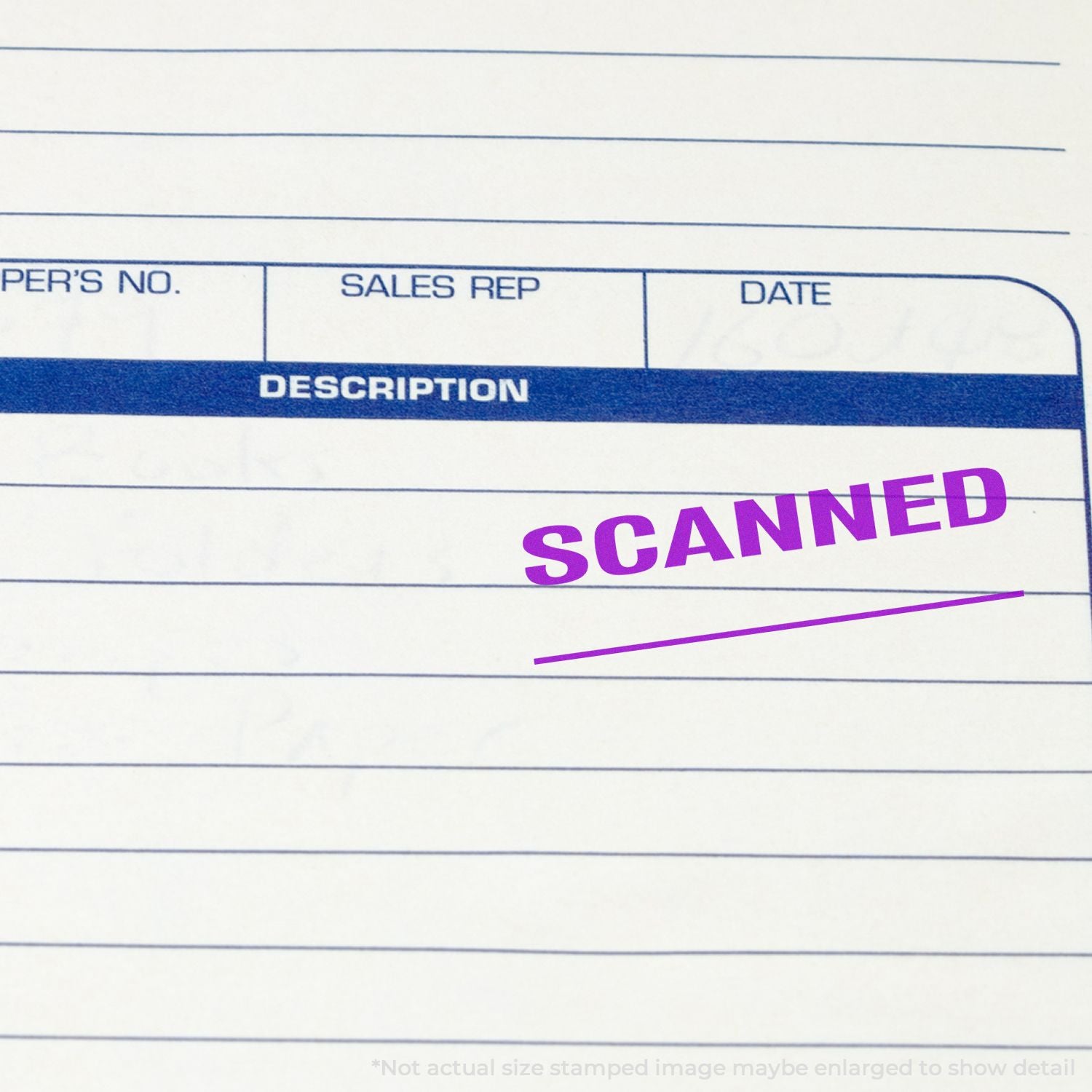 Scanned business form with description, sales rep, and date fields, marked with a purple SCANNED stamp.