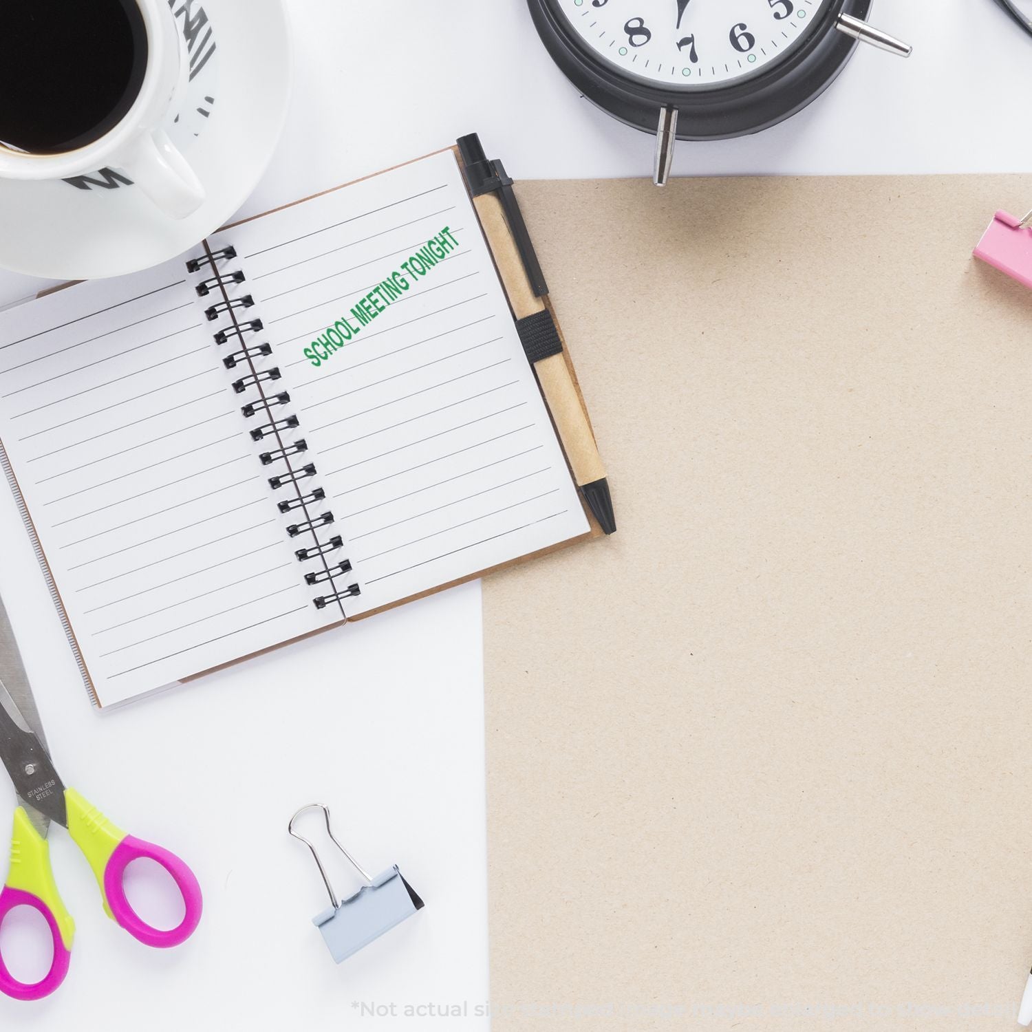 School meeting tonight planner flat lay with notebook, coffee, clock, scissors and office supplies on desk.