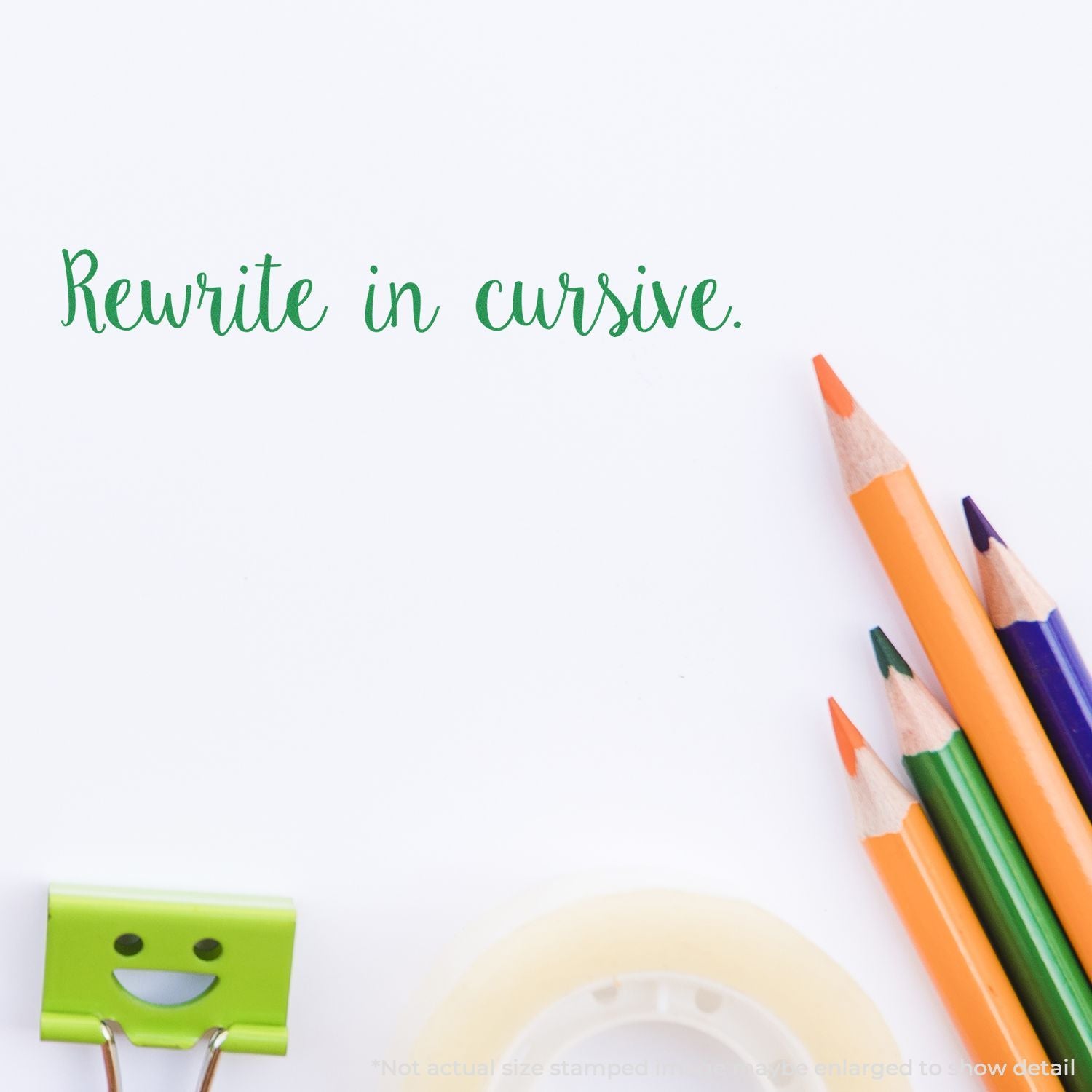 Rewrite in cursive calligraphy practice image for kids with colored pencils and writing prompts on a clean white background page.