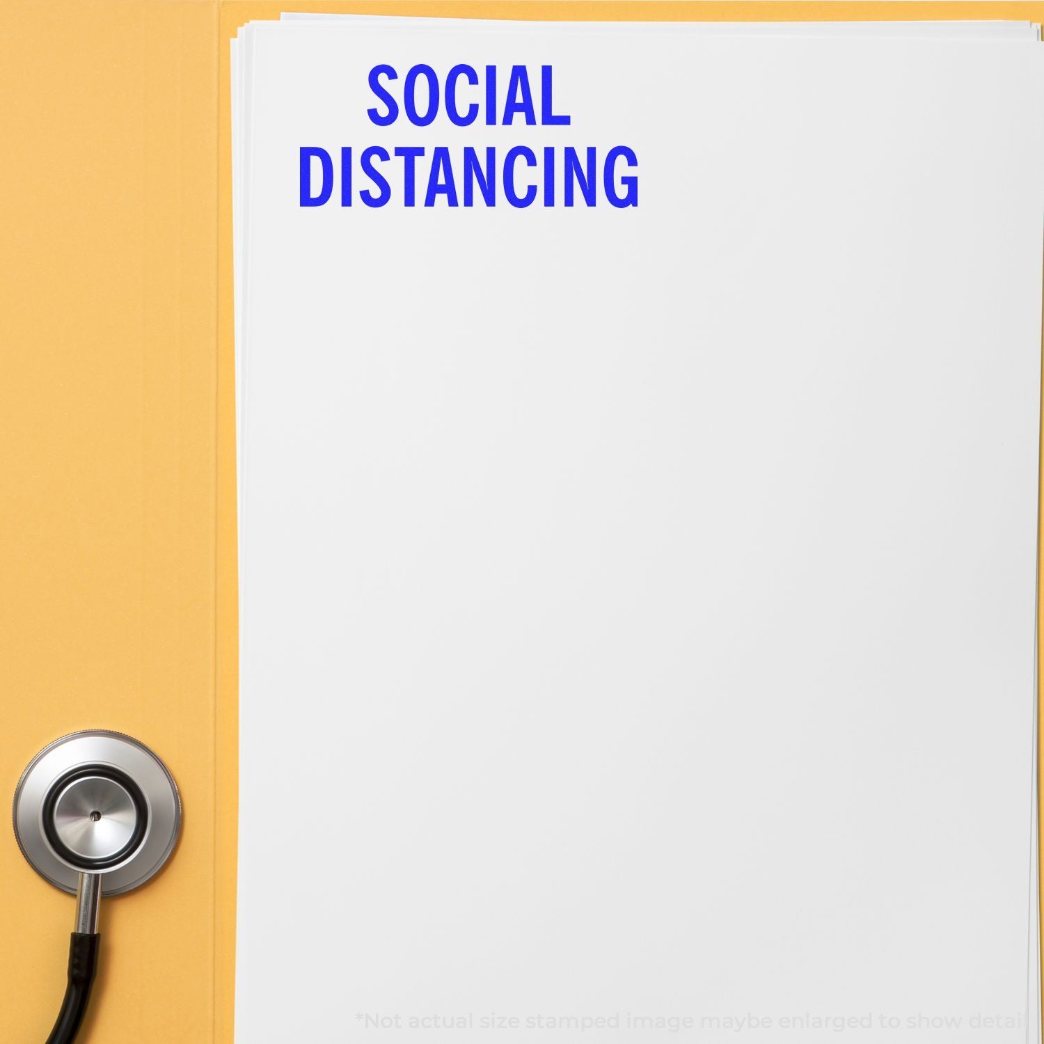 Social distancing sign on a white medical folder with stethoscope on a yellow background