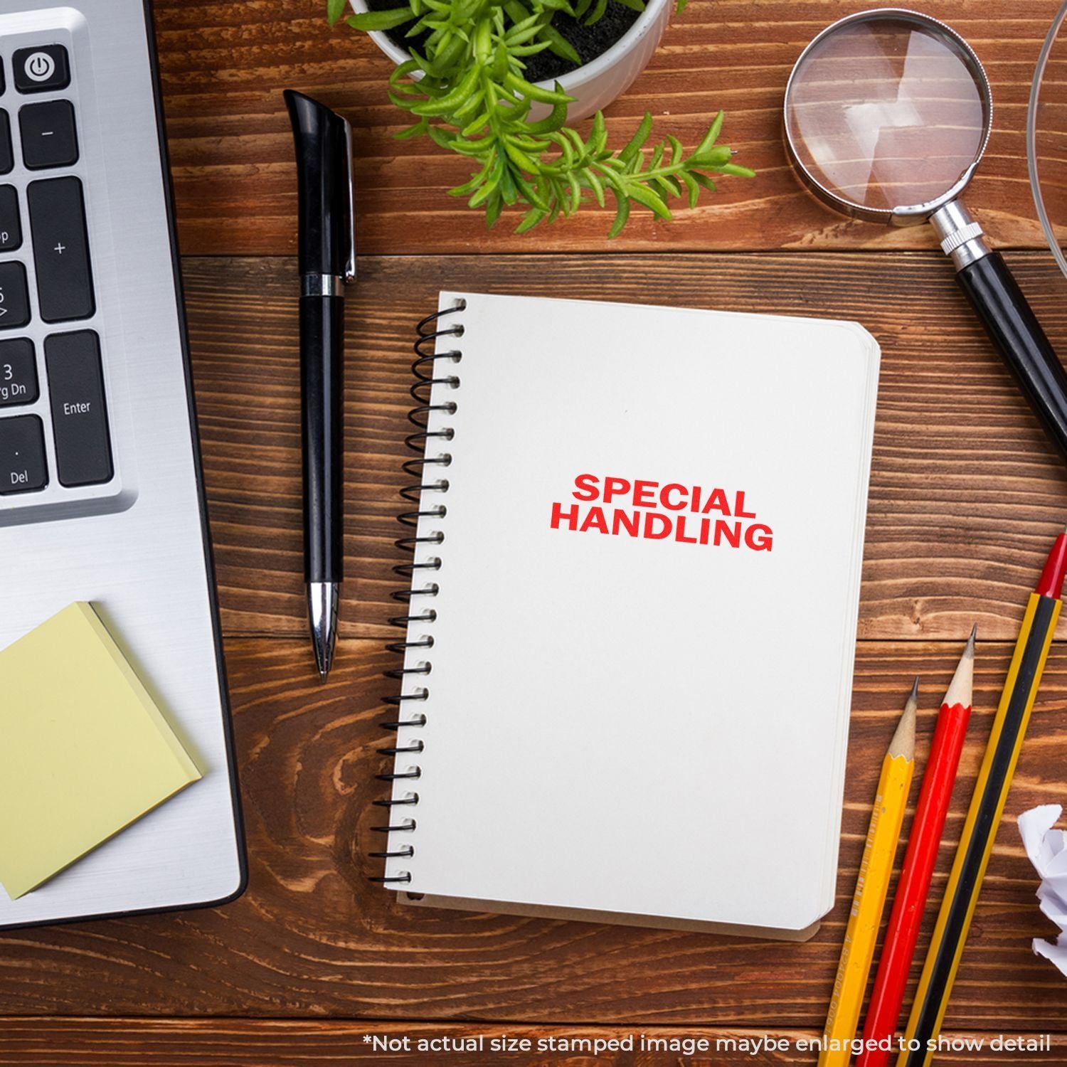 Notebook labeled Special Handling with magnifying glass and office supplies for compliance document processing.