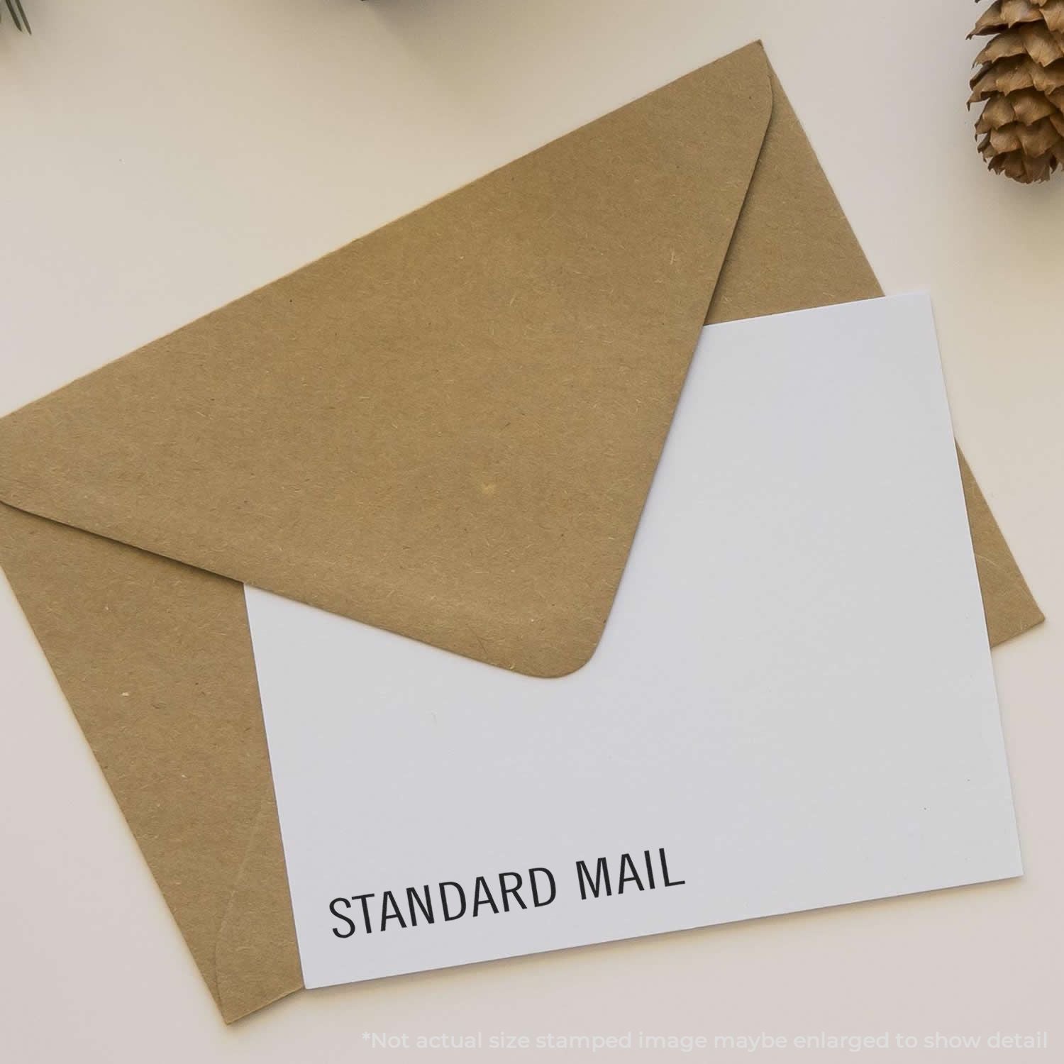 Brown kraft paper envelope with blank white card labeled Standard Mail, minimalist stationery mockup on a light background.