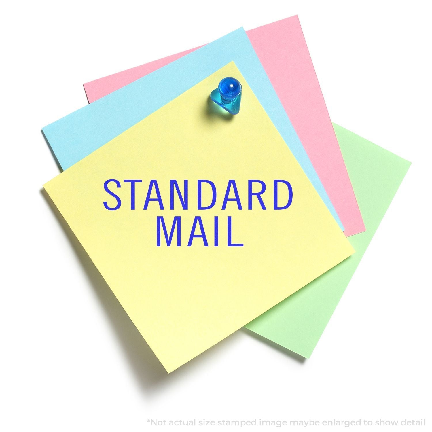 Pinned colorful notes labeled STANDARD MAIL illustrate standard mailing service and mail delivery messaging.