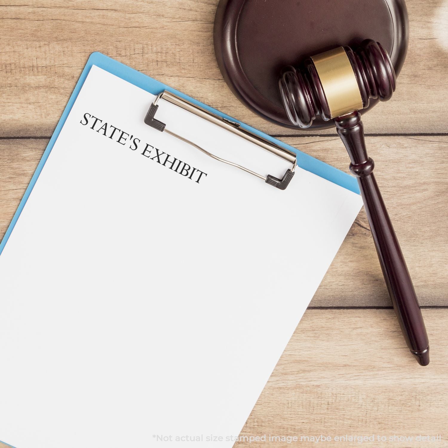 Legal gavel and states exhibit clipboard for court case evidence documentation
