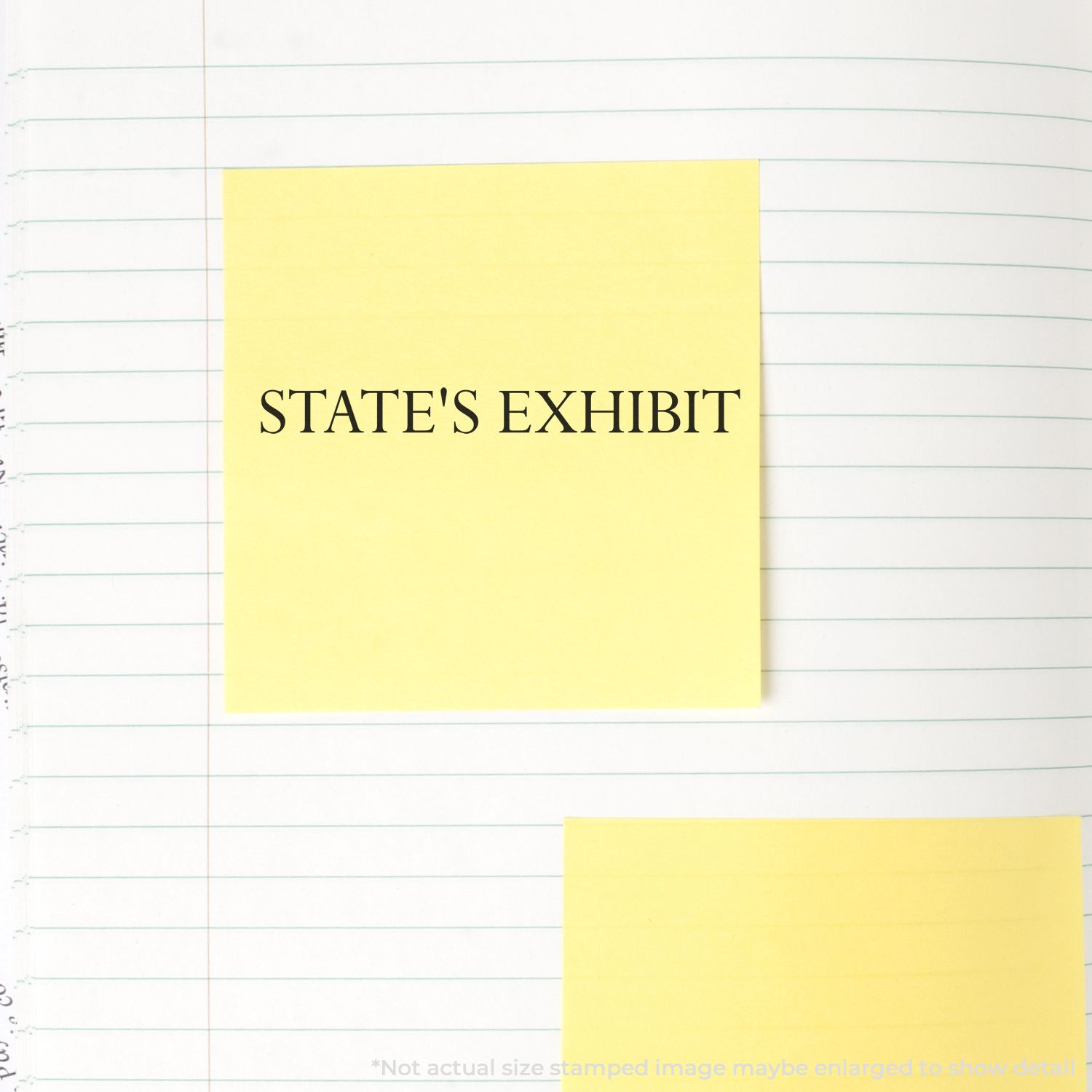 Yellow sticky note labeled States Exhibit on lined notebook paper with another blank sticky note, legal evidence document image.