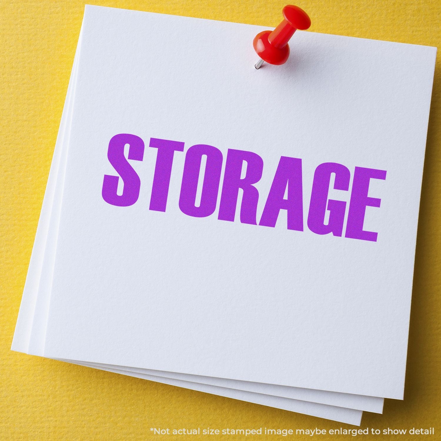 Stack of white paper sheets pinned with a red pushpin on a yellow background, featuring bold purple STORAGE text.