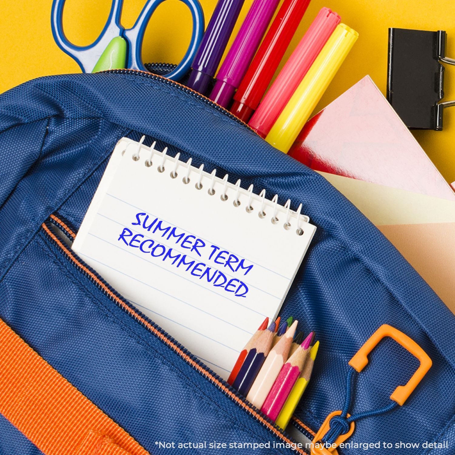 Blue summer recreation school supplies in pencil pouch: labeled notebook, colored pencils, and markers for back-to-school learning.
