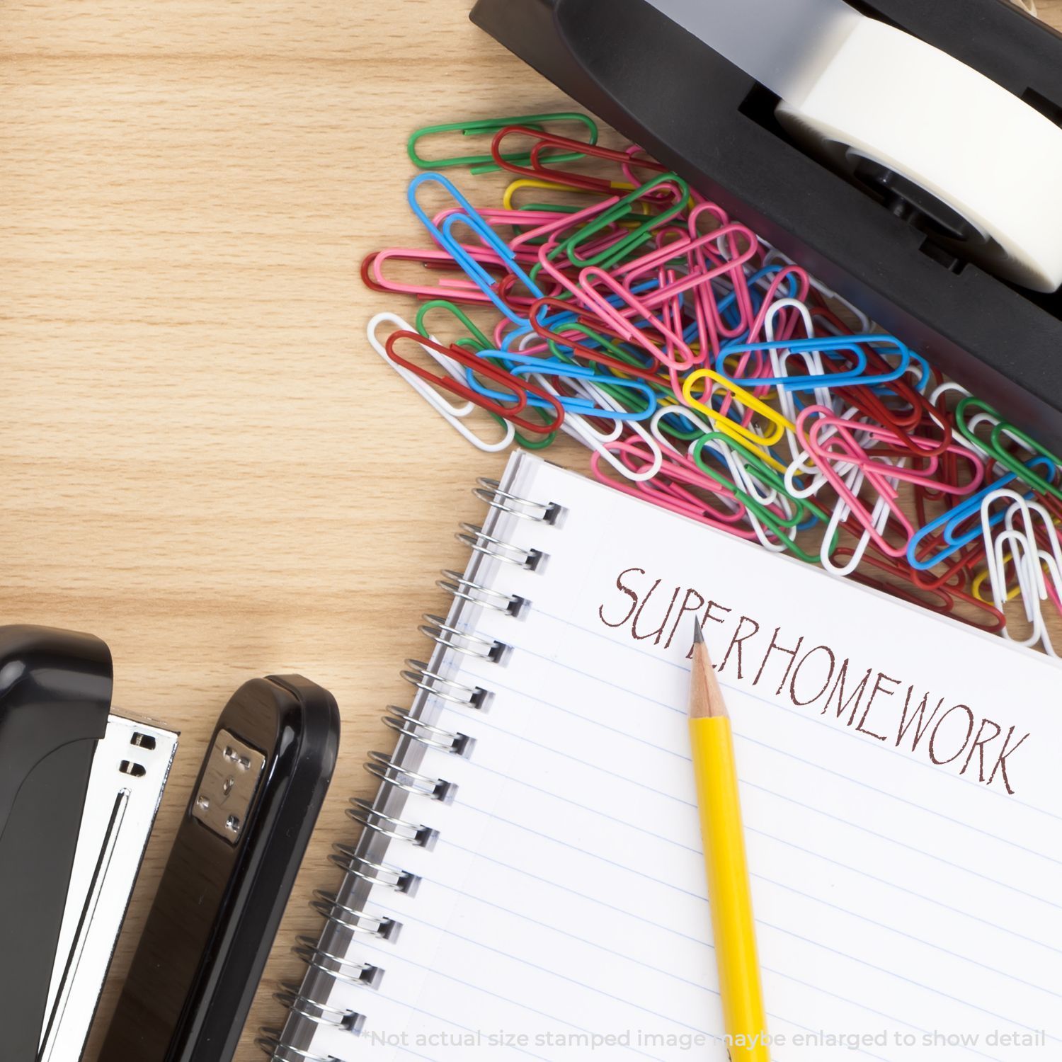 Colorful paper clips, pencil, and notebook labeled super homework with office supplies on a desk, back-to-school study concept.