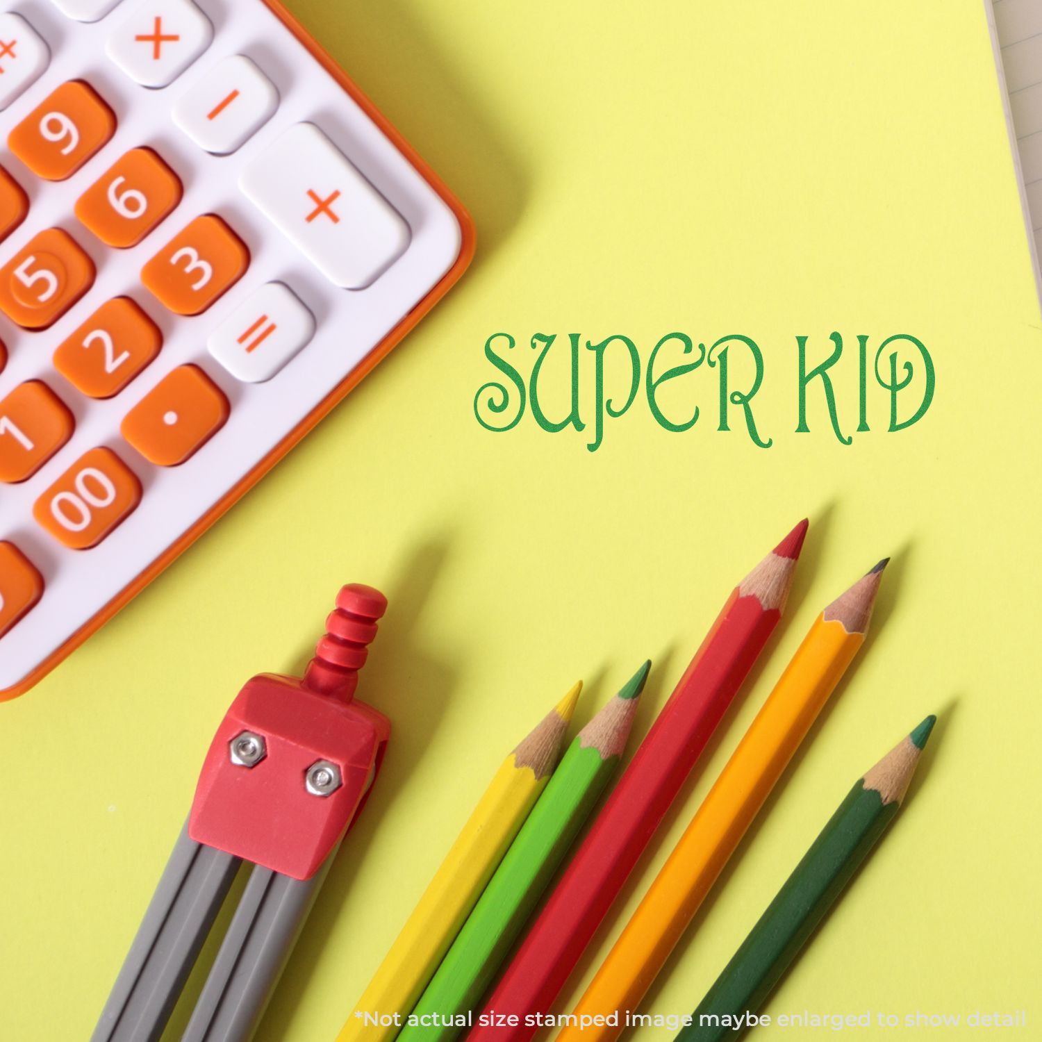 Colorful school supplies with calculator, pencils, and Super Kid text on a yellow background