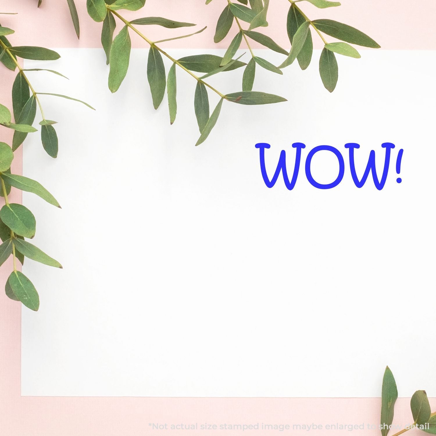 Minimal botanical greeting card with eucalyptus leaves border and blue WOW! text on a white background.