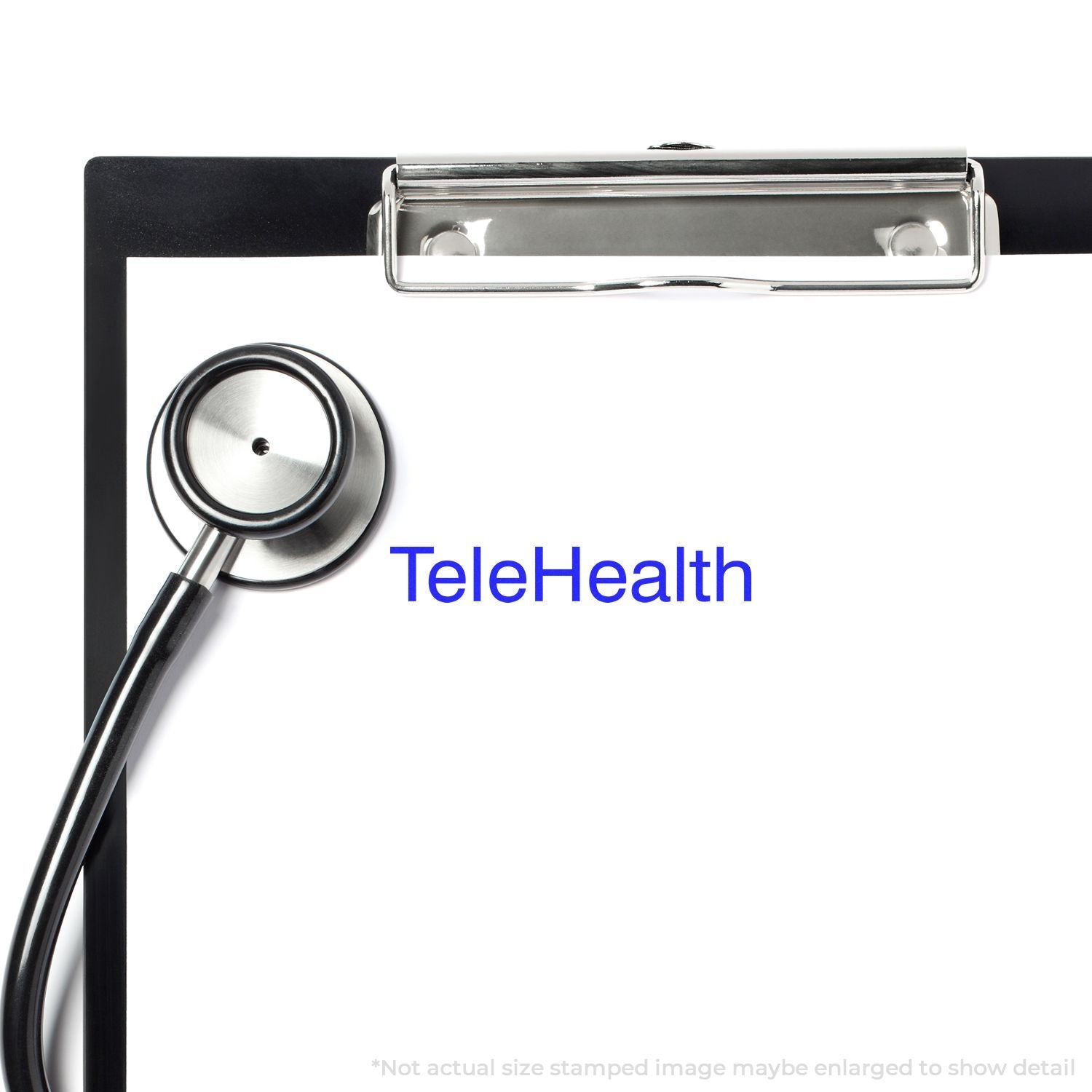 Telehealth clipboard with stethoscope, representing remote healthcare and online doctor consultation.
