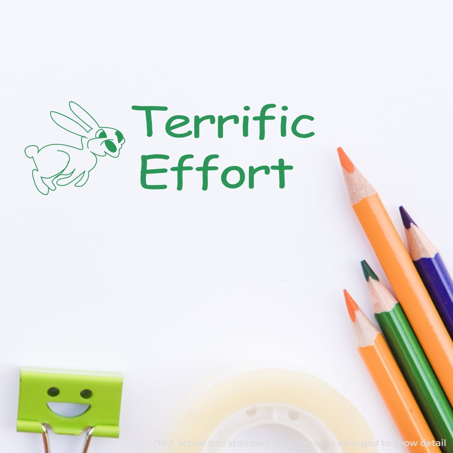 Terrific Effort motivational stamp design with rabbit illustration and colorful pencils on white paper.