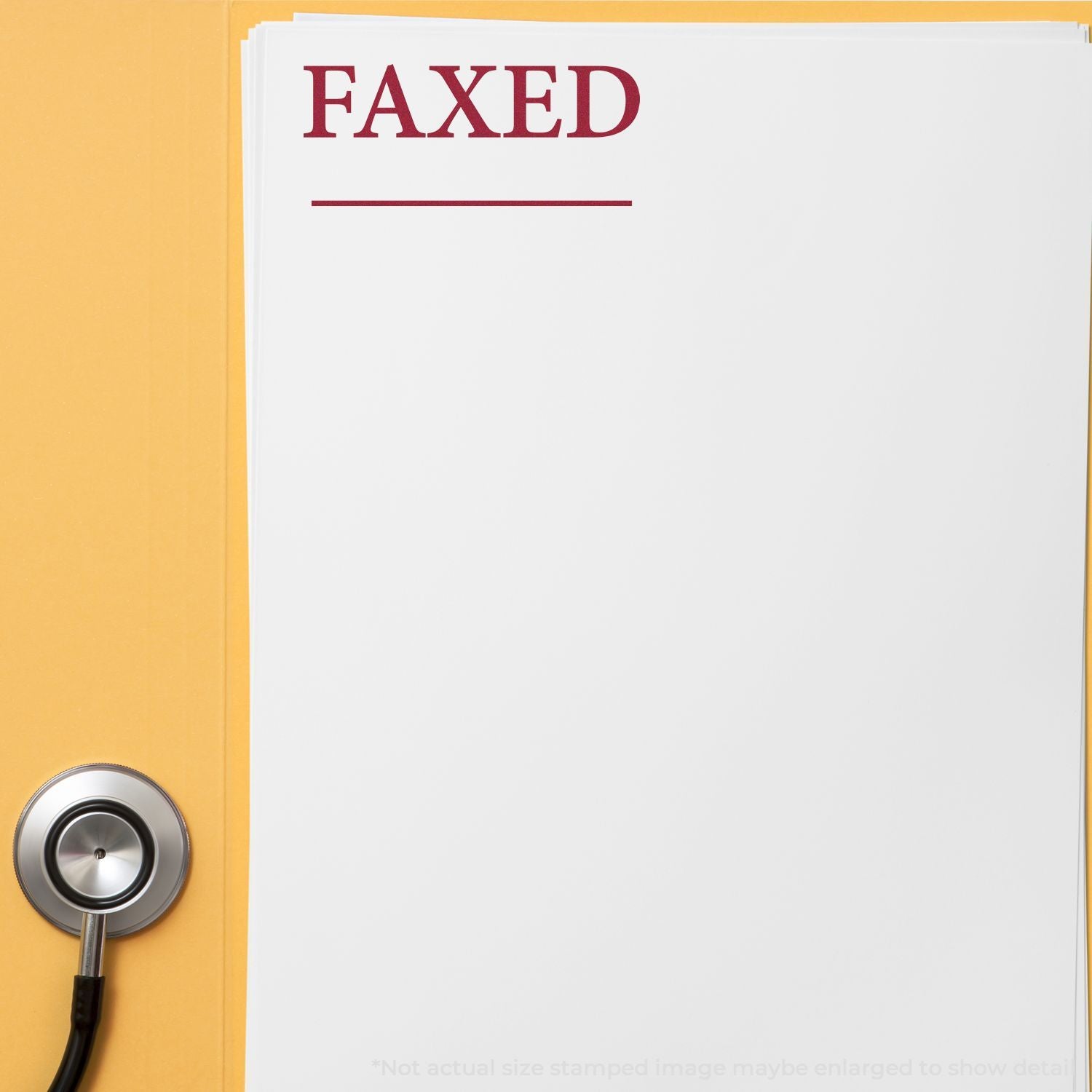 Faxed medical document with stethoscope on yellow folder background
