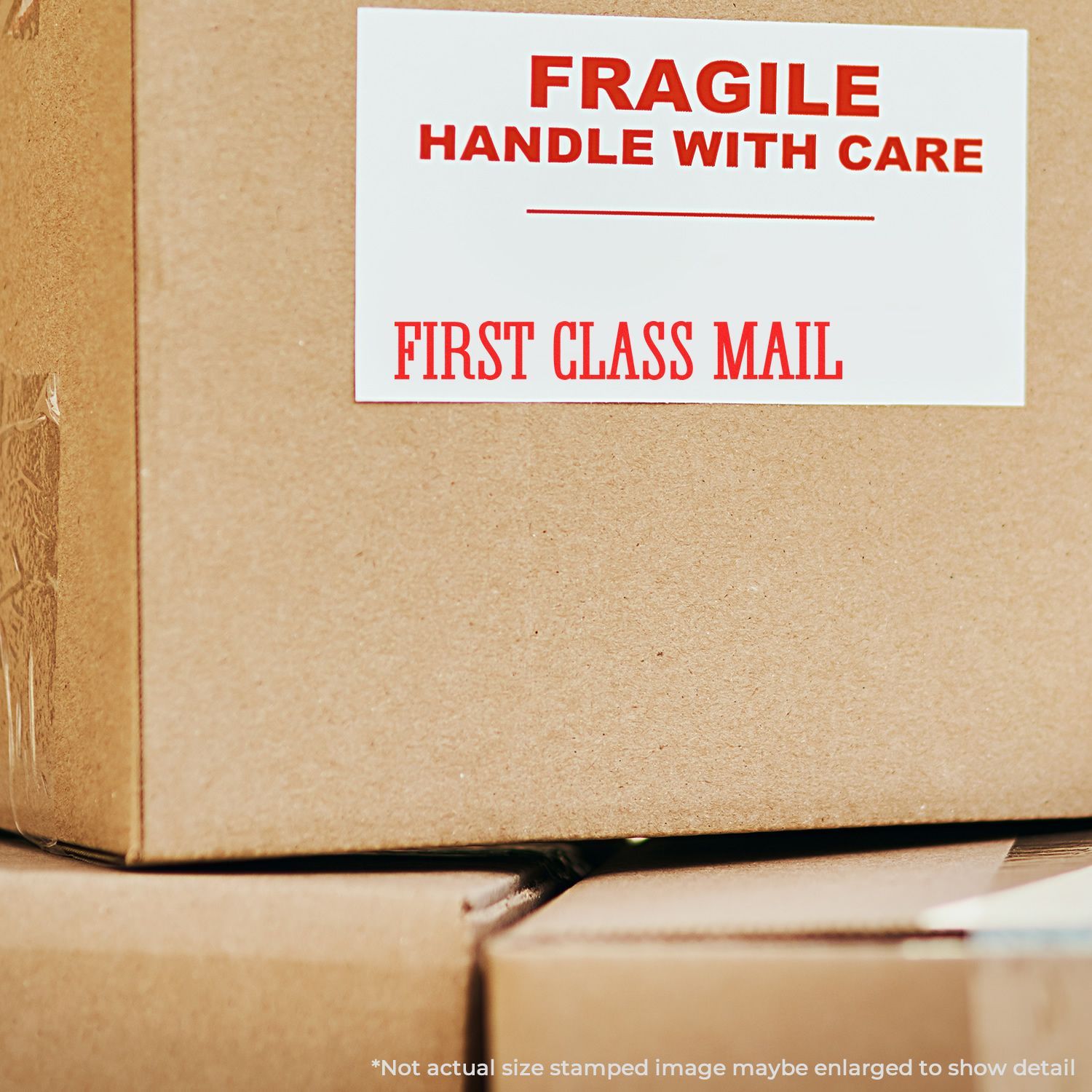 Fragile first class mail label on a cardboard shipping box, warning handlers to handle with care.