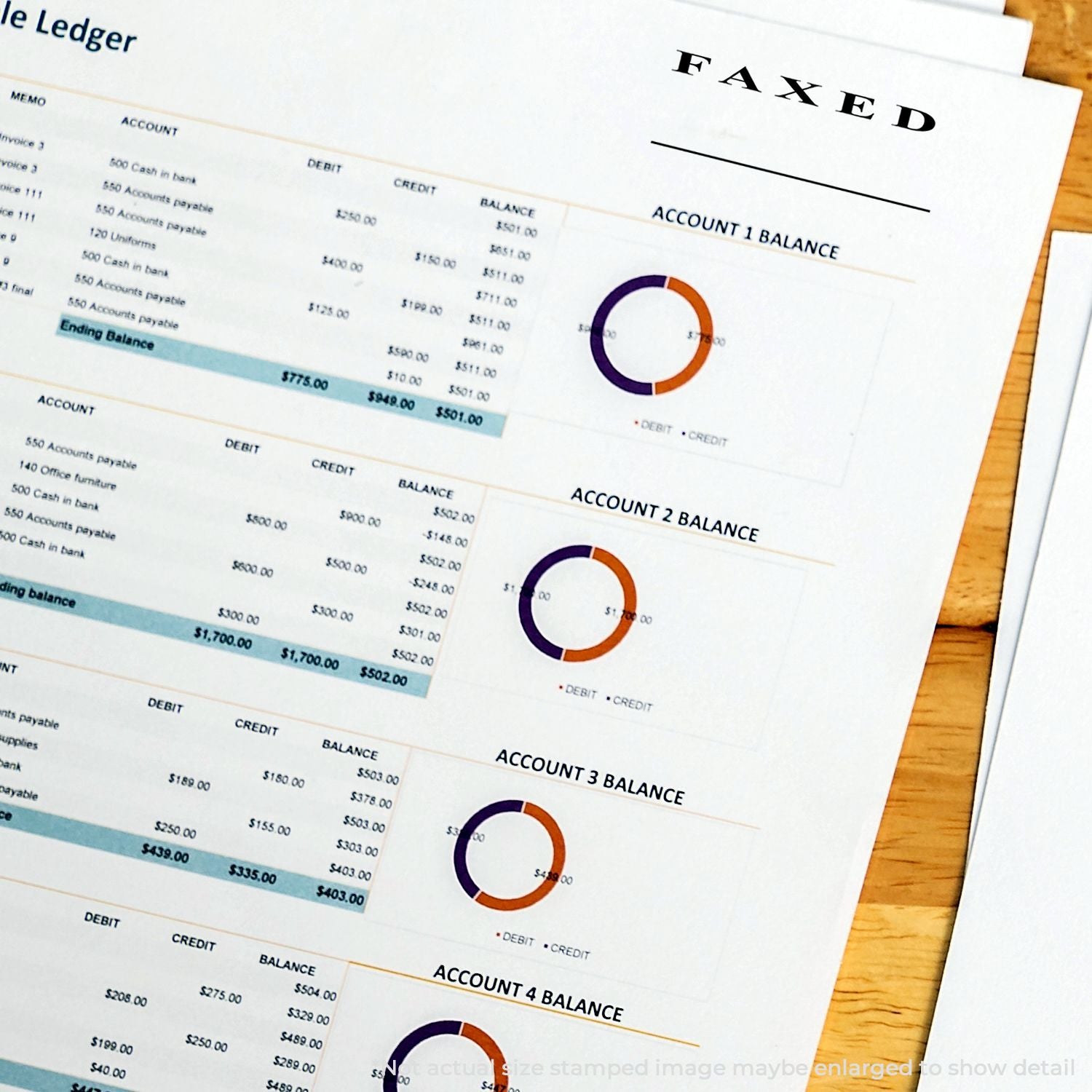 Faxed accounting ledger report showing account balances, debit and credit tables, and donut charts on a desk.