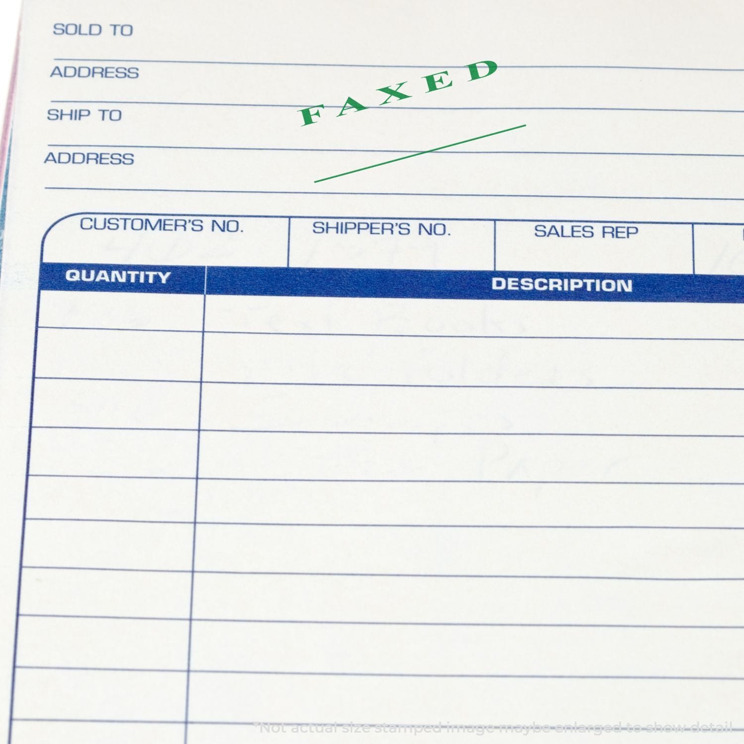 Faxed shipping order form with Sold To and Ship To details, customer/shipper numbers, quantity and description fields for delivery paperwork