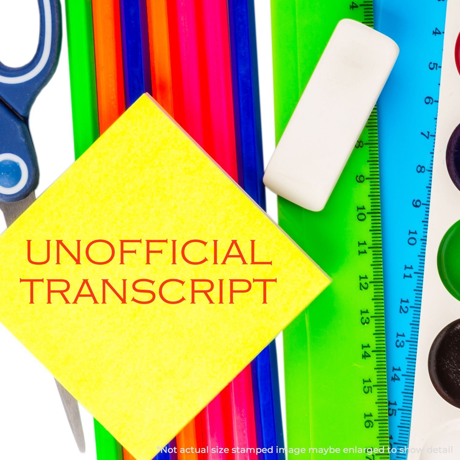 Unofficial transcript label on yellow file tab with colorful rulers and pencils, illustrating academic records and document labeling.