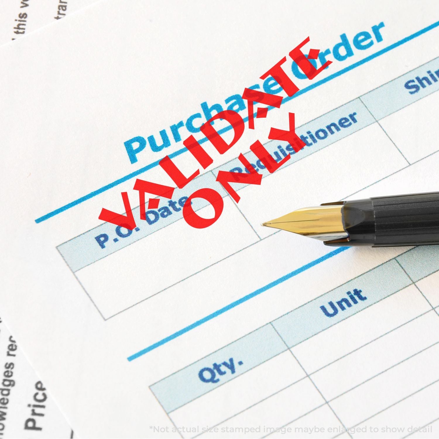 Close-up of a purchase order form stamped VOID with a pen, concept of canceled invoice or invalid document.