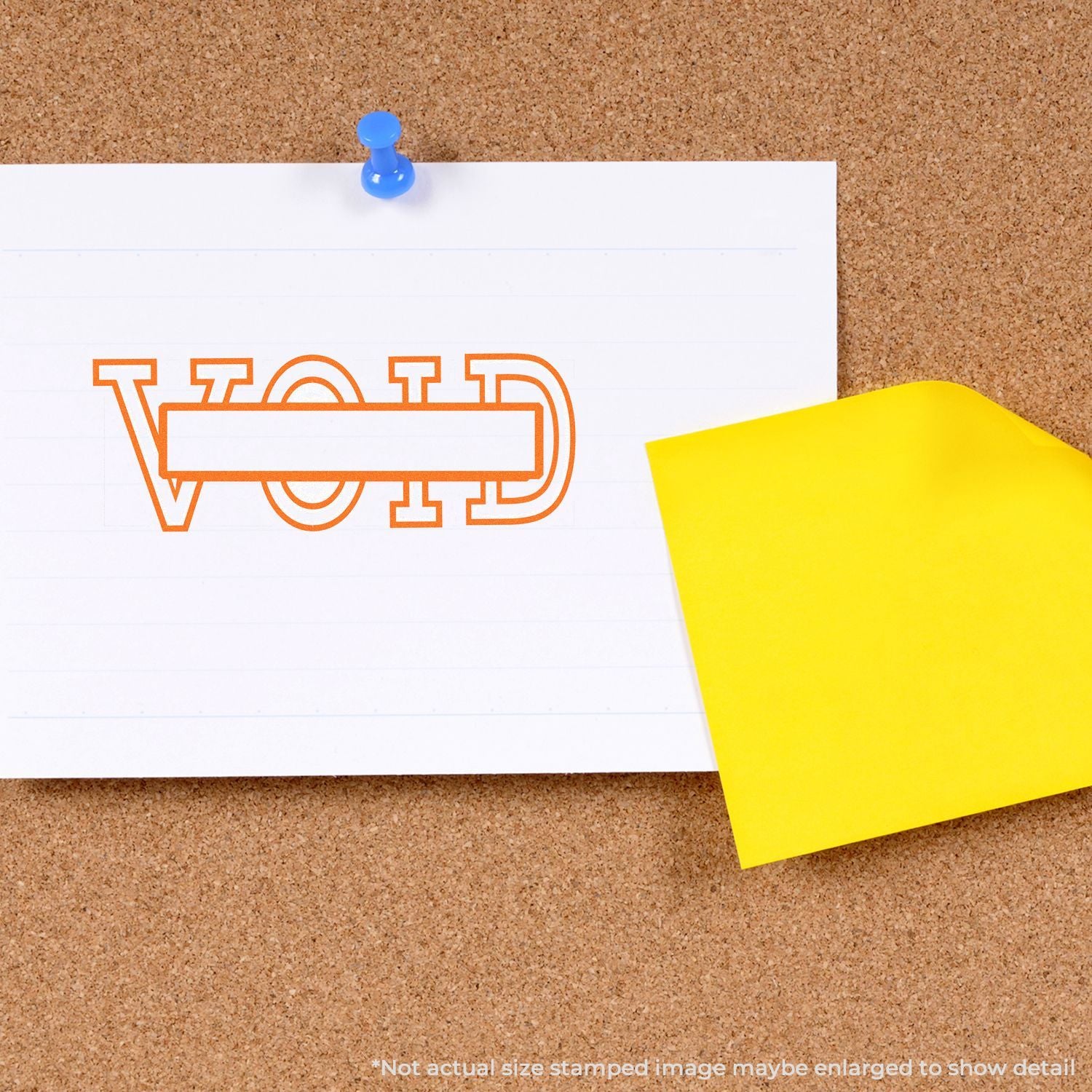 Corkboard pin holds stamped VEND message on paper with a yellow sticky note, symbolizing vending offers and promotions.