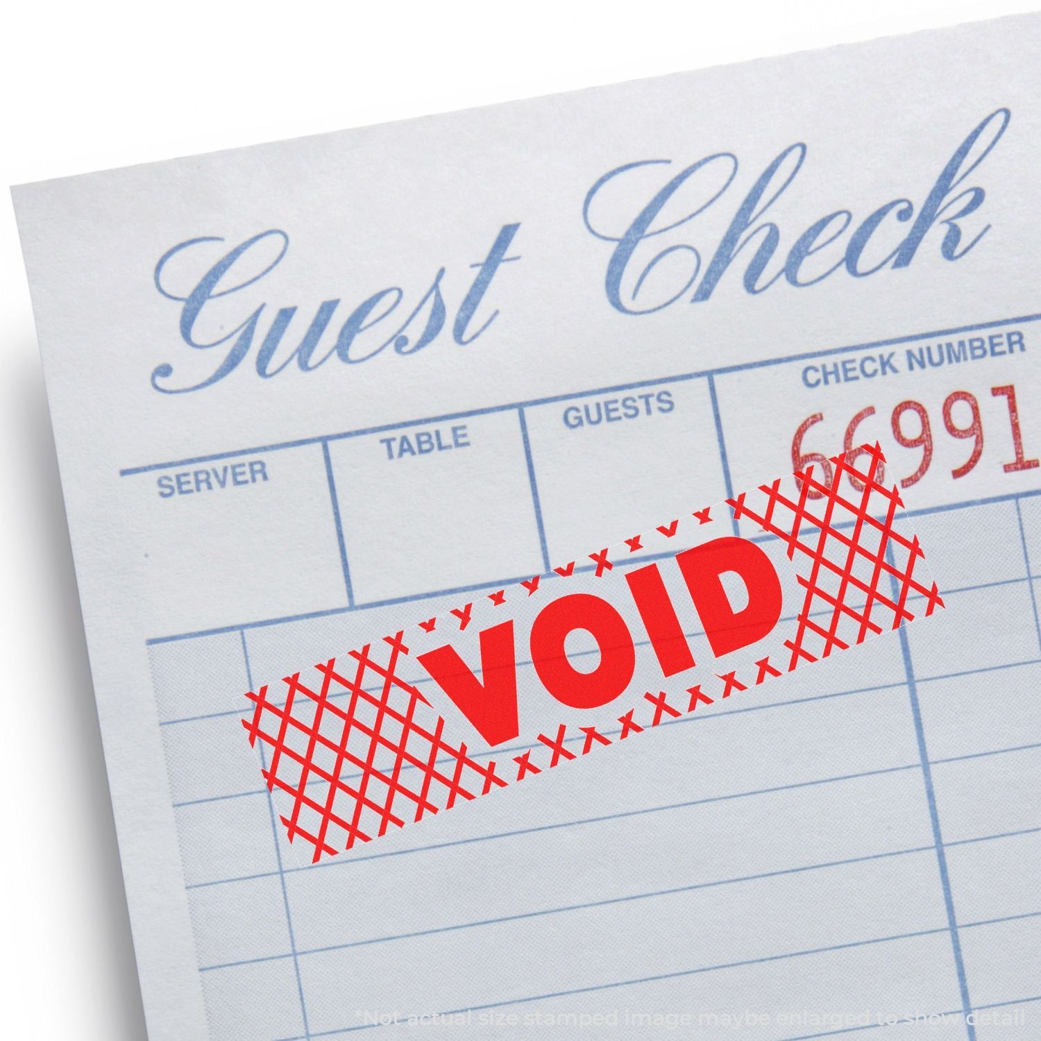 Voided restaurant guest check receipt with red VOID stamp and check number, indicating canceled payment on a POS bill.