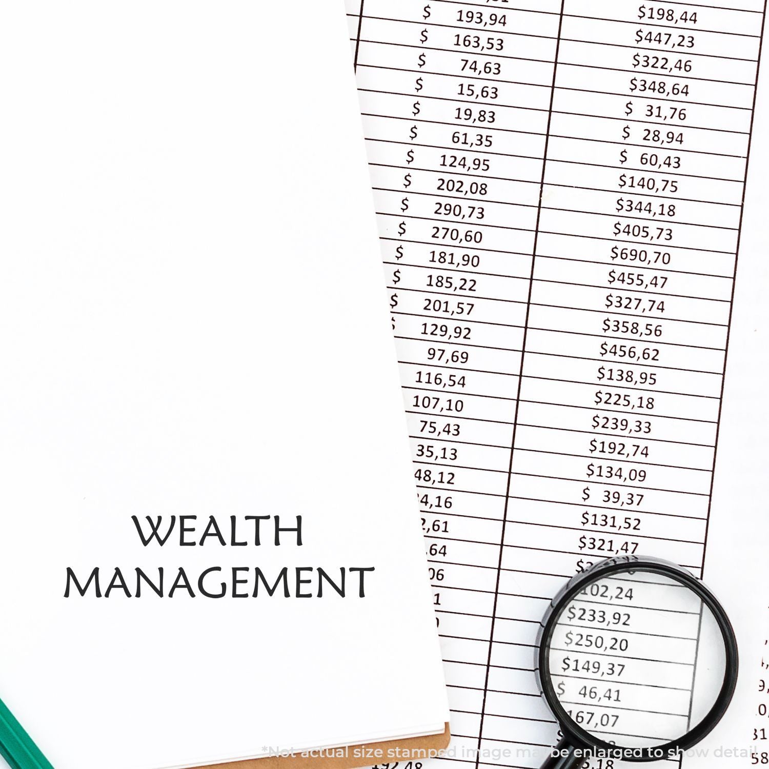 Wealth management spreadsheet with dollar amounts and magnifying glass, showing financial analysis and budget tracking.