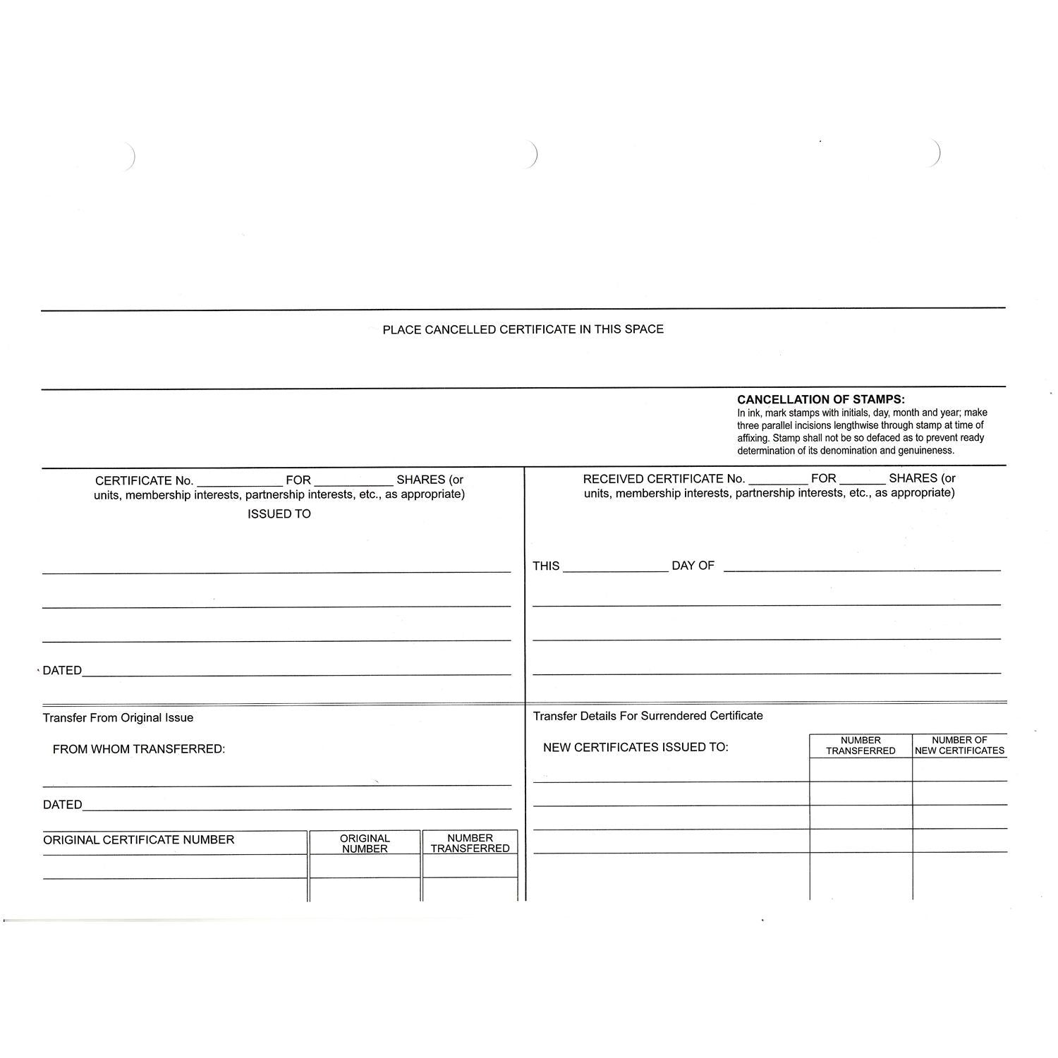 Blank stock transfer certificate form template with fields for certificate number, shares, transfer details, and new certificates issued.