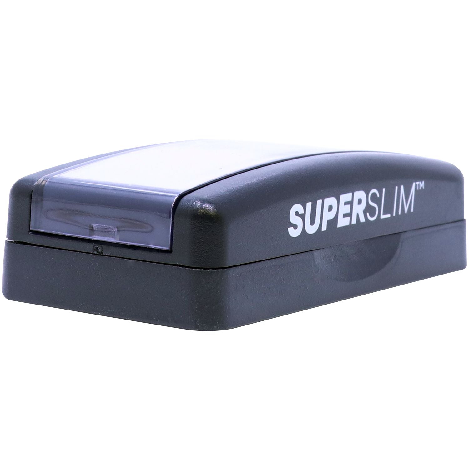 Black Superslim compact electronic device with translucent lid, isolated on white background.