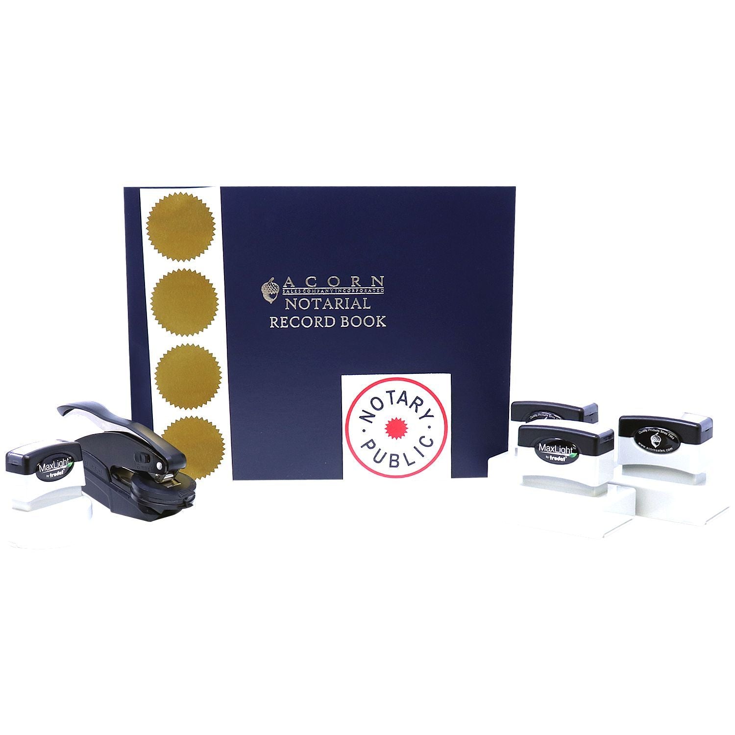 Acorn Notarial Record Book with notary public seal stamps and office hole punch tools on a white background