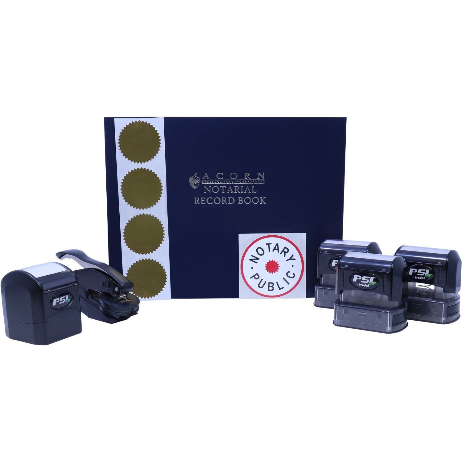 Acorn notarial record book with notary public seal and PSI Trodat self-inking stamps on white background