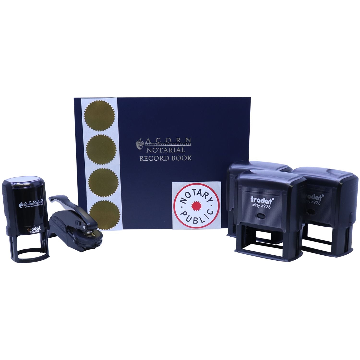 Notary public stamp set with embosser and Acorn notarial record book on white background.