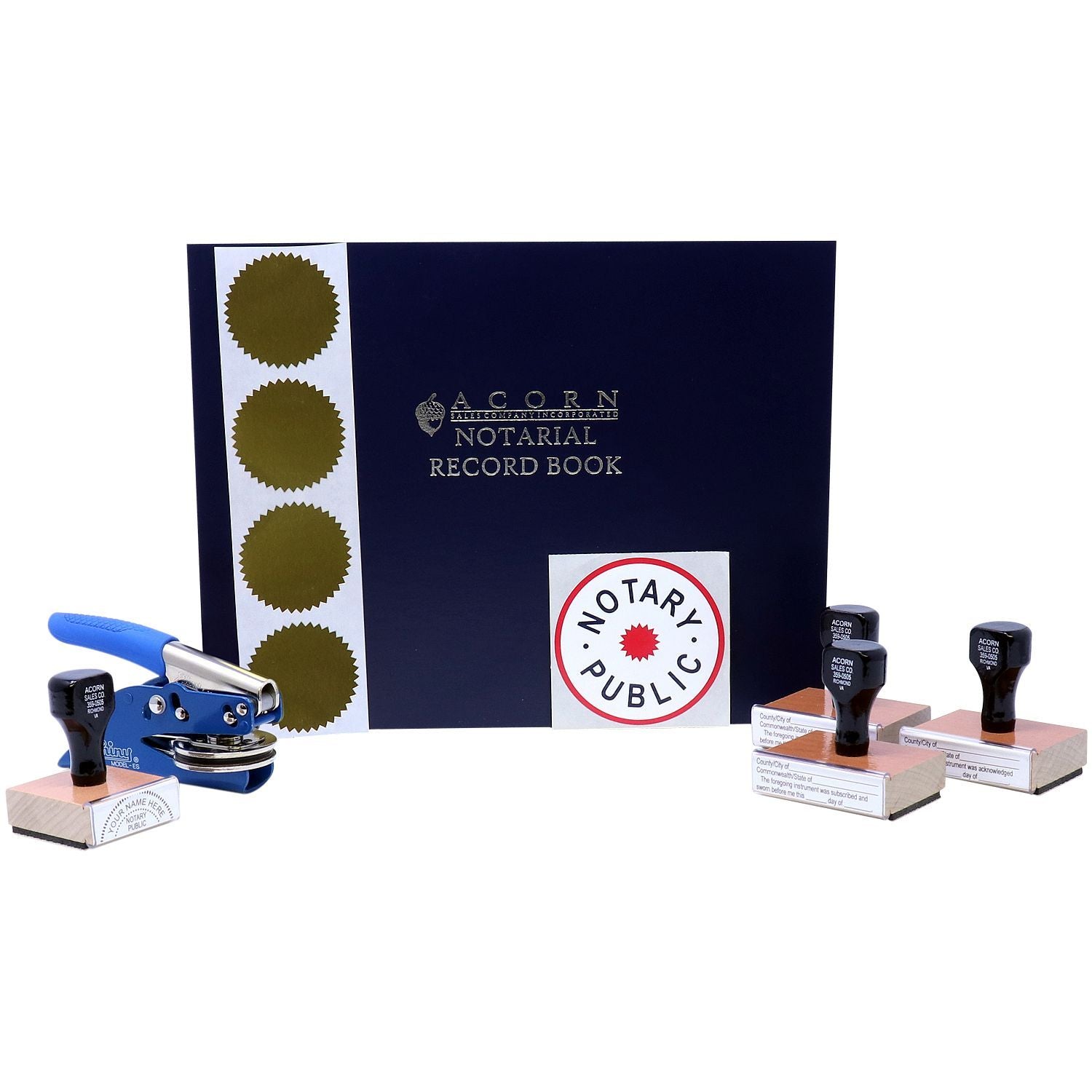 Notary public supplies set with notarial record book, embossing seal, and stamps for official document notarization.