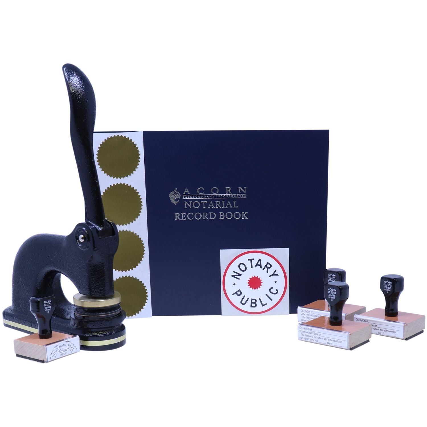 Notary public supplies set with Acorn notarial record book, embossing seal, and custom notary stamps on a white background.