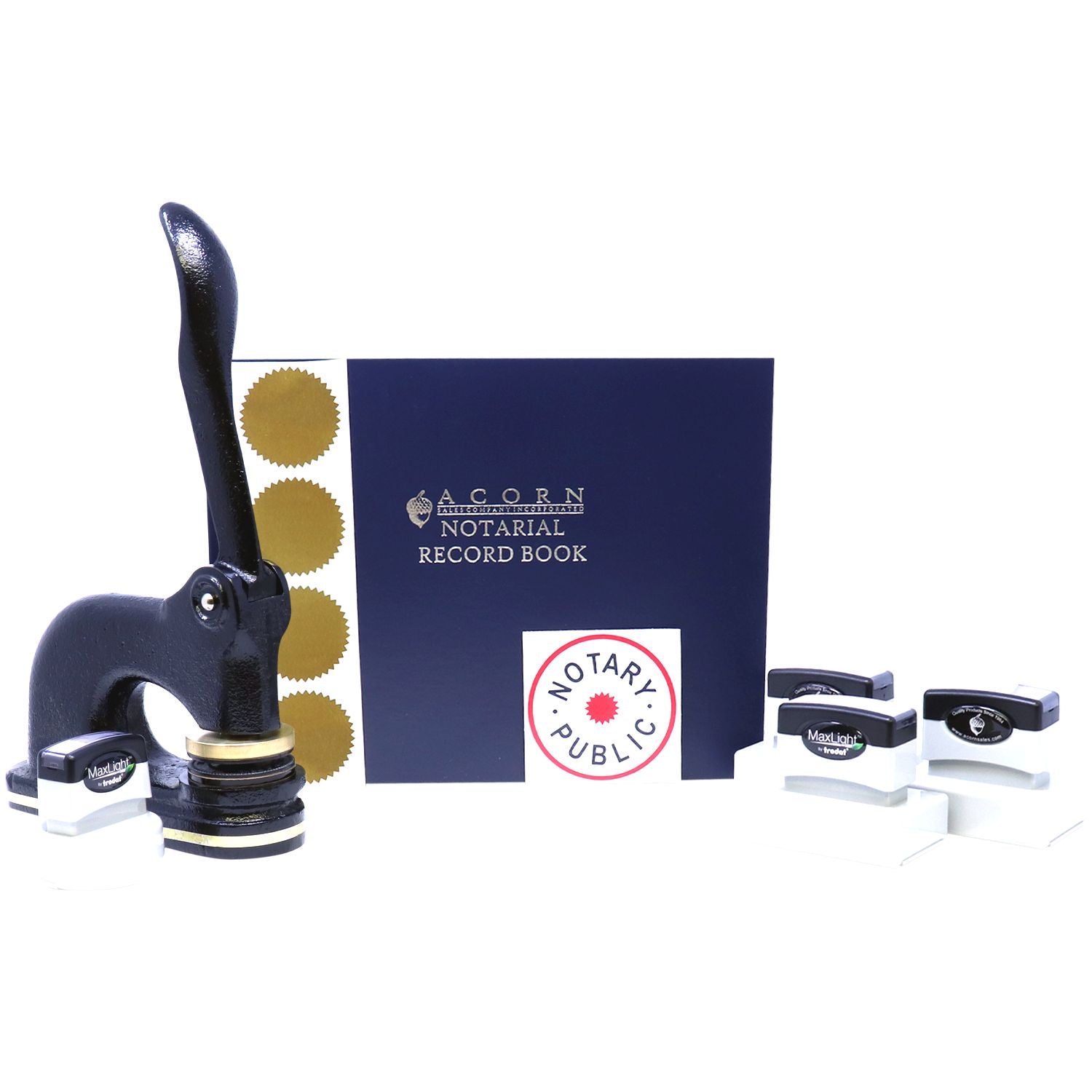 Notary public supplies set with notarial record book, embosser seal, and stamps on a white background.