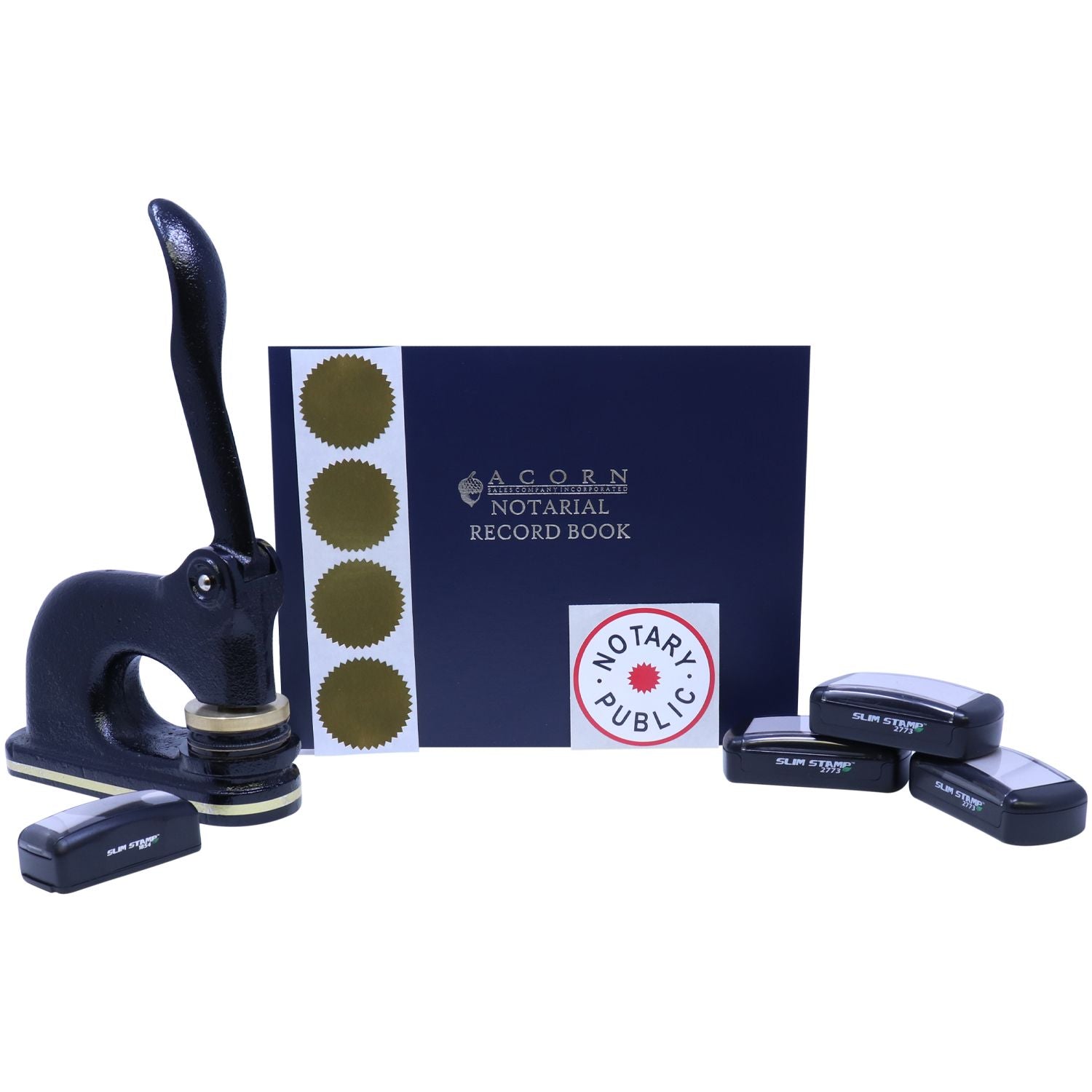 Notary public supplies set with embossing seal, notarial record book, gold certificate seals, and self-inking stamps on a white background.