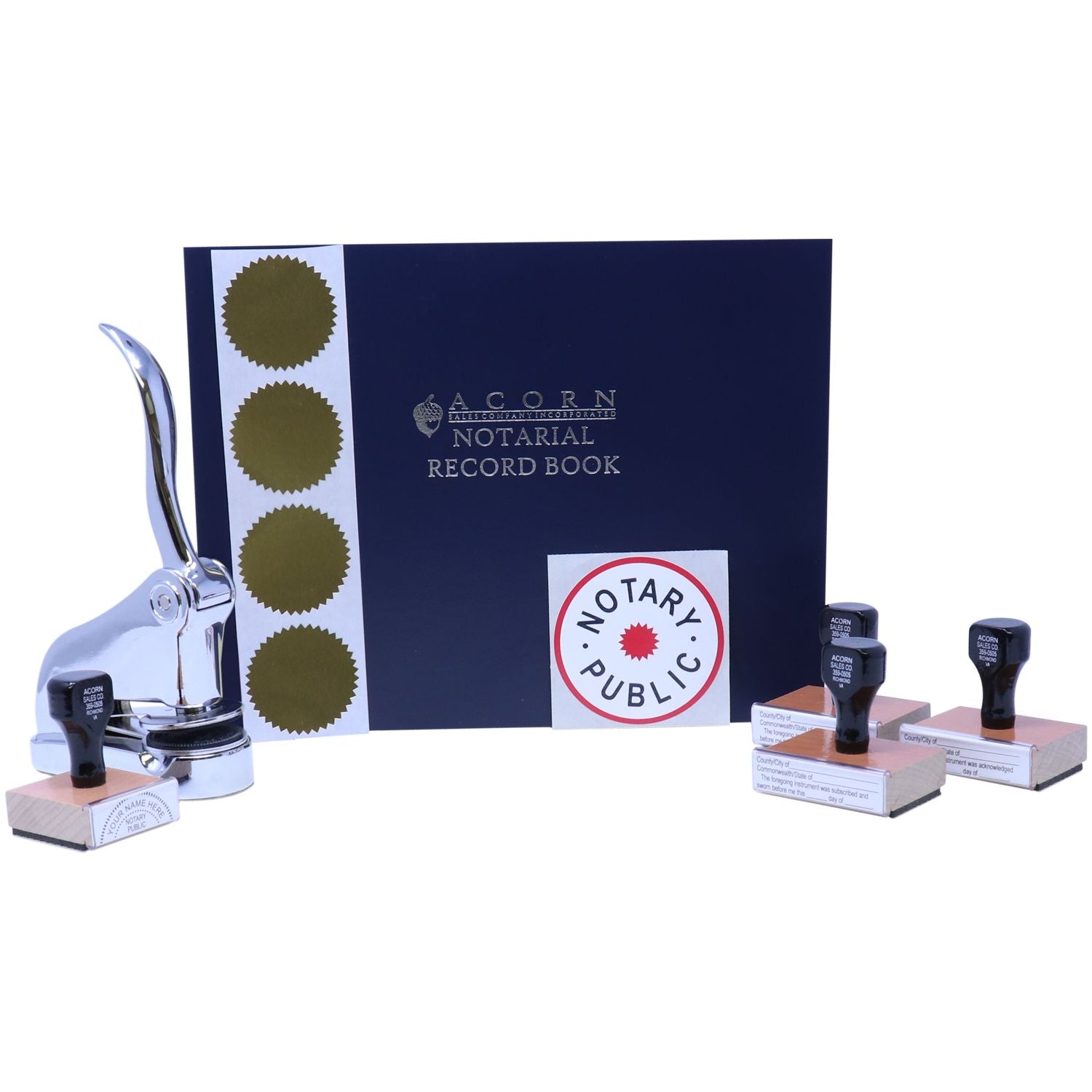 Notary public seal kit with embosser, stamps, and Acorn notarial record book on white background.