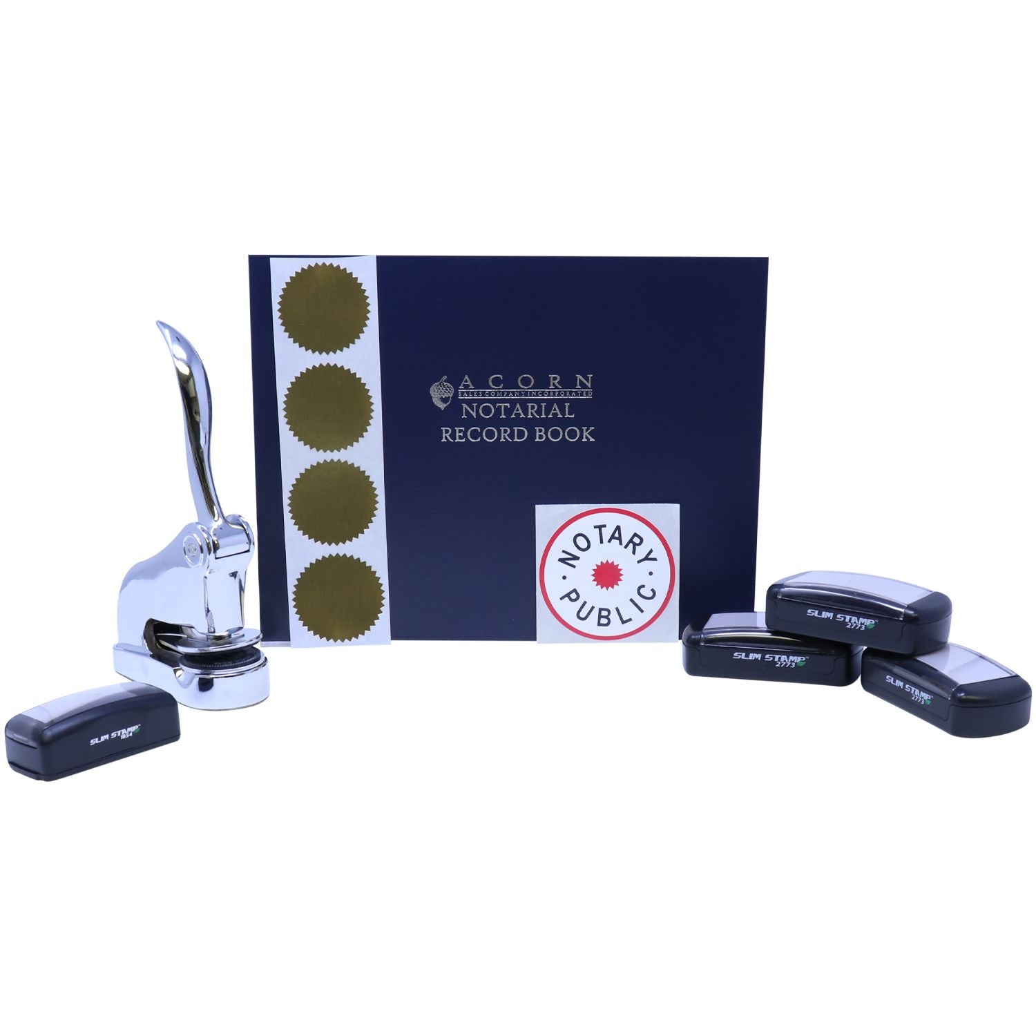 Notary public record book with embosser, gold seals, and slim stamp tools on a white background