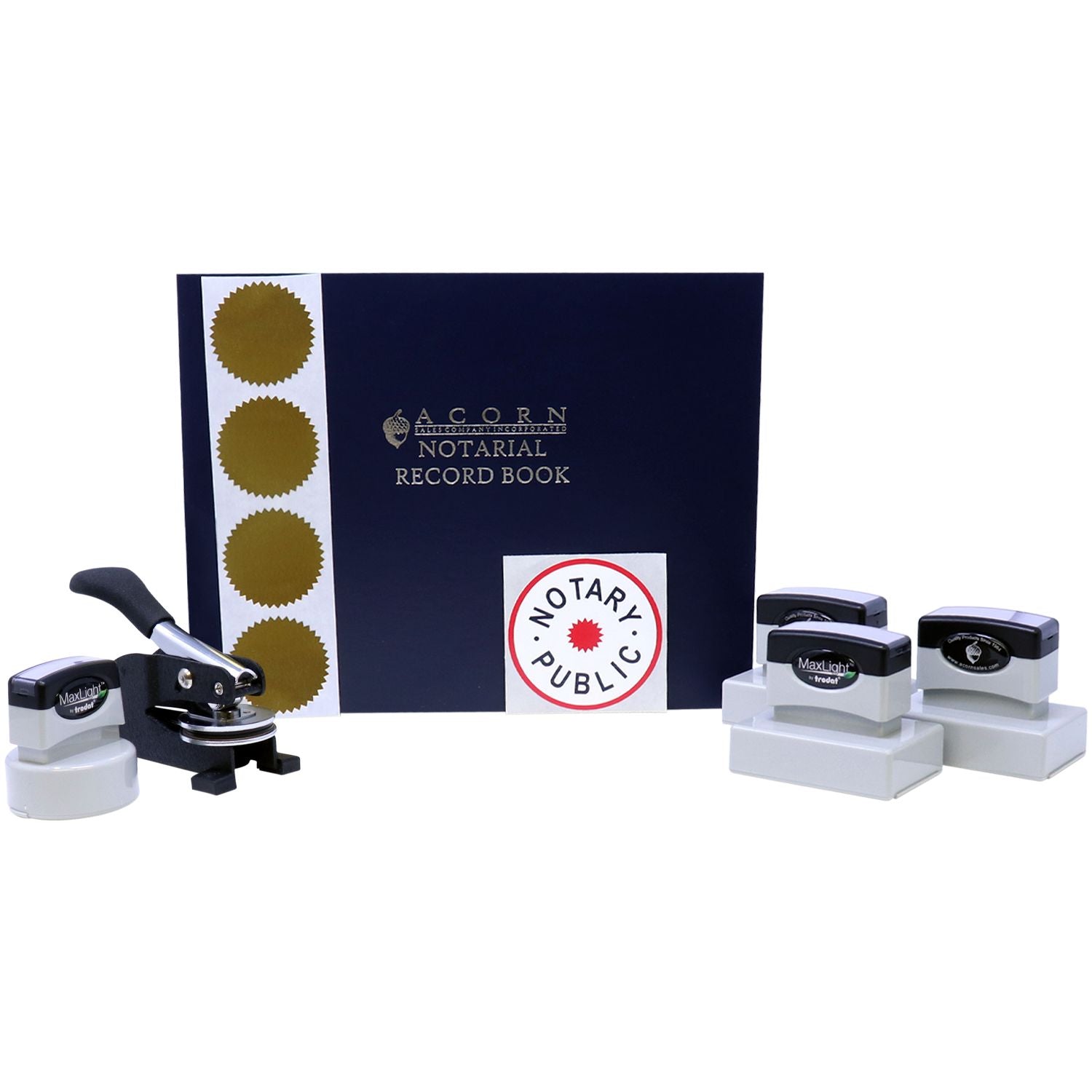 Notary public supplies set with record book, embossing seal, and stamp pads for official document authentication