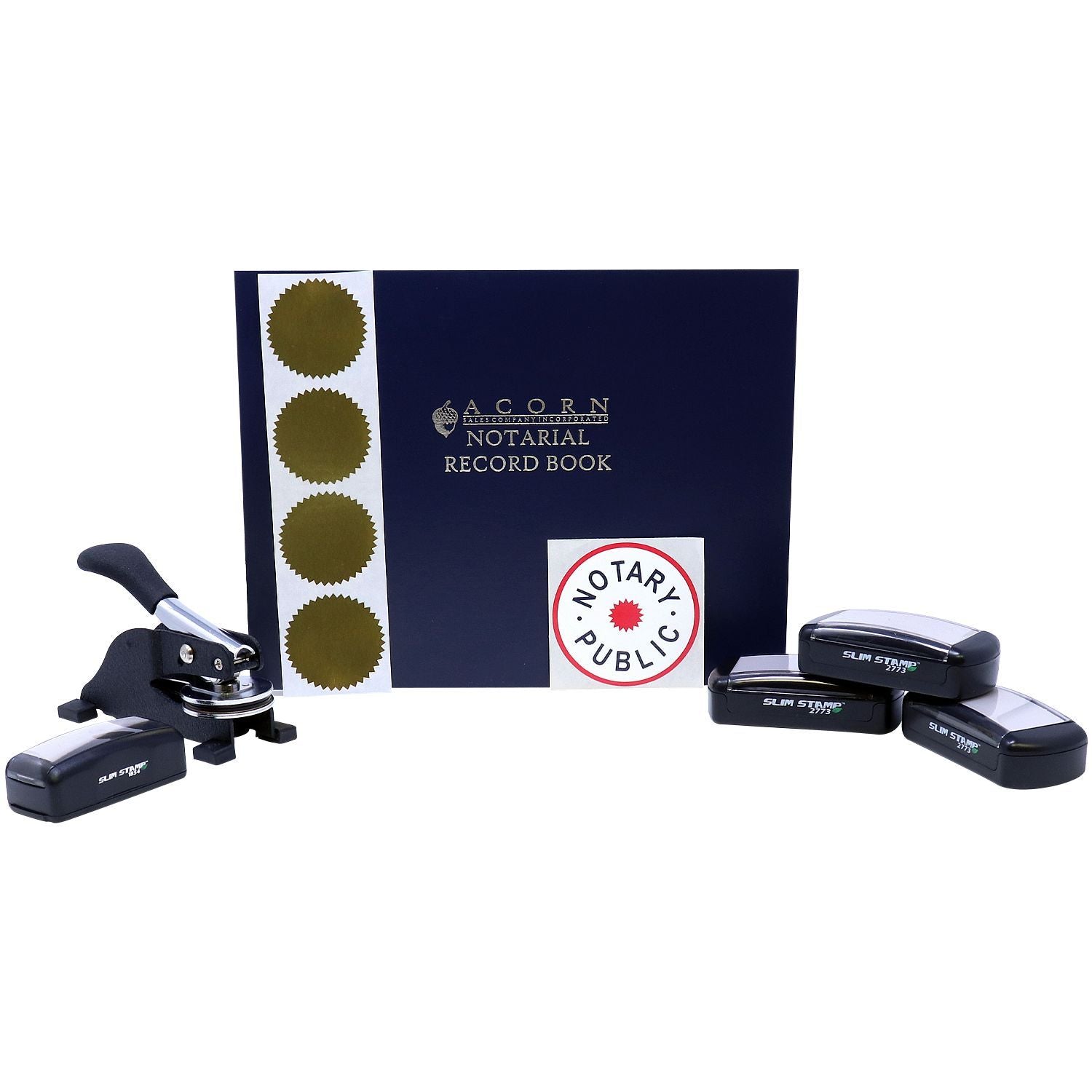 Notary public record book with official seal, embosser, and self-inking stamps for notarization supplies.