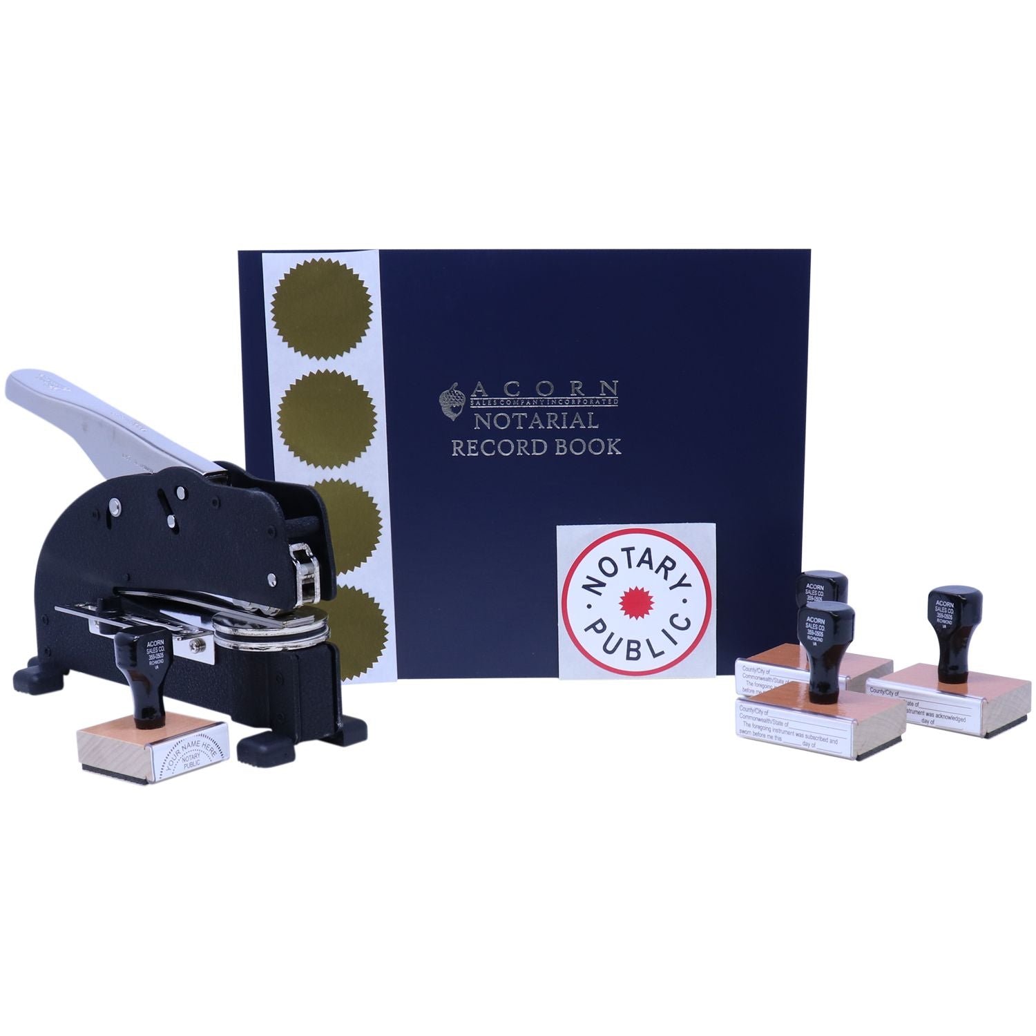 Notary public supplies set with notarial record book, embosser, and official notary stamps on a white background.