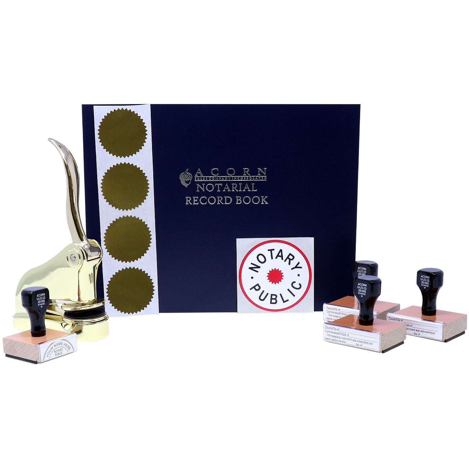 Notary public supplies including notarial record book, embossed seal, and official notary stamps on a white background