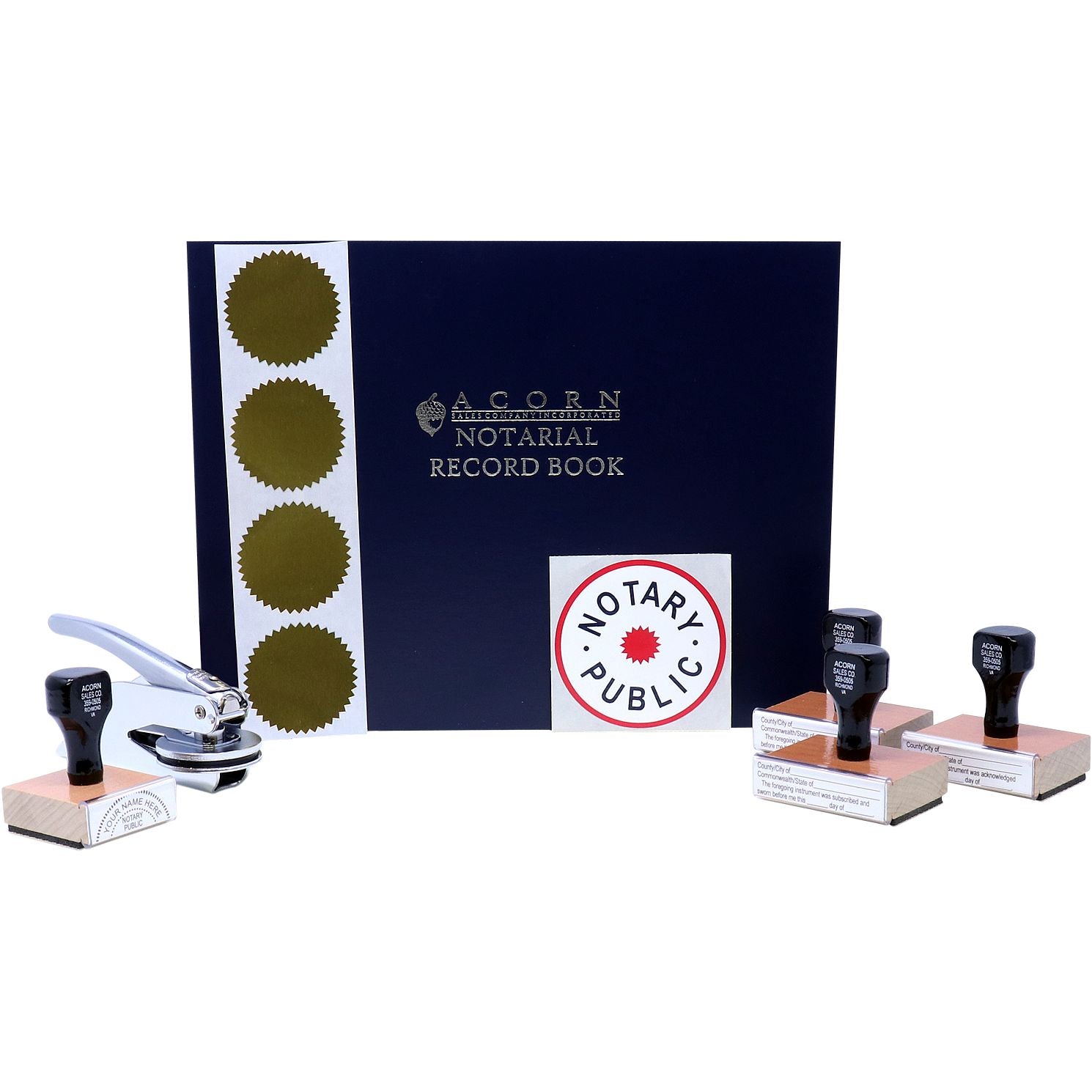 Notary public supplies kit with record book, stamp, embosser, and seal stickers for official notarization.