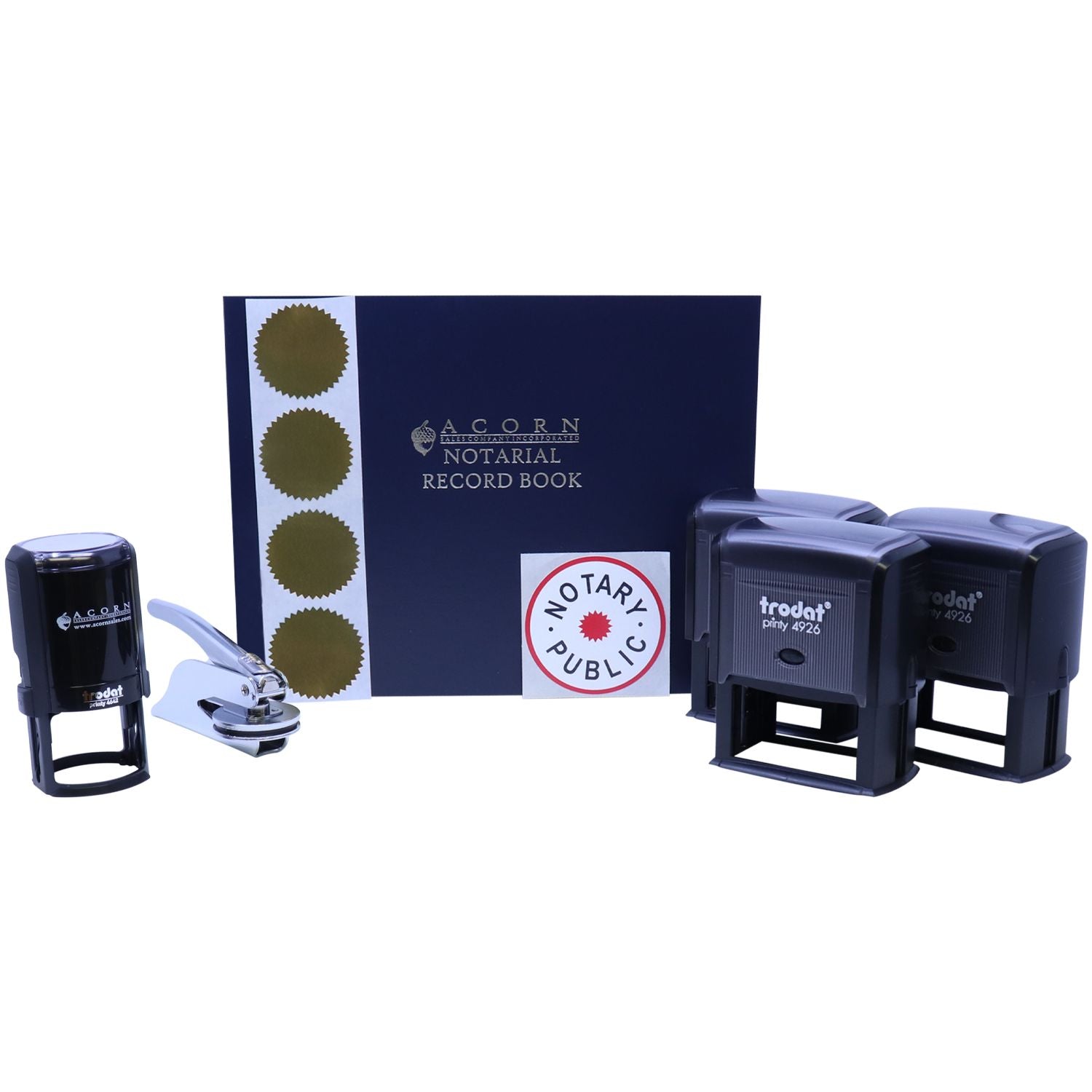 Notary public supplies set with record book, embosser, and self-inking stamps on white background