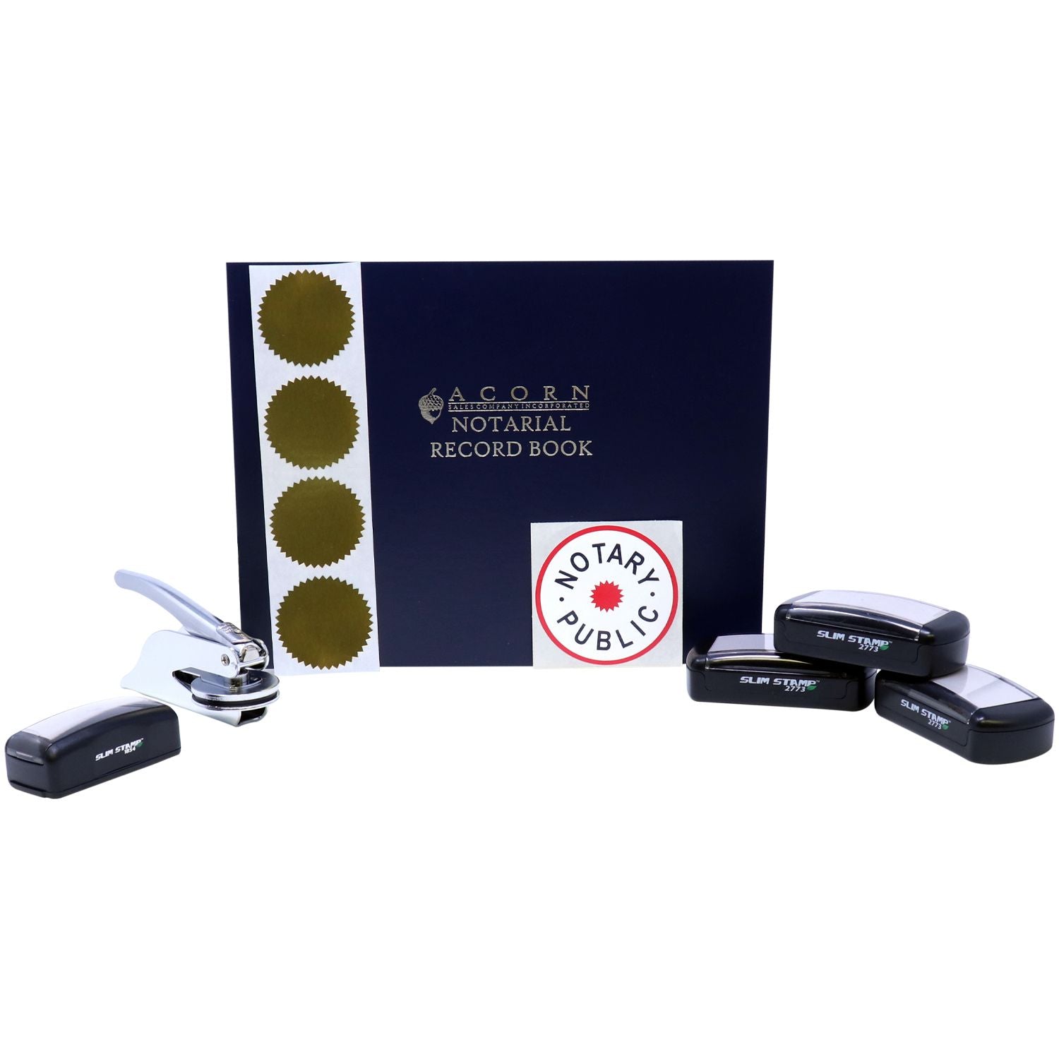 Notary public record book with embossing seal and slim stamp set for official notarization.