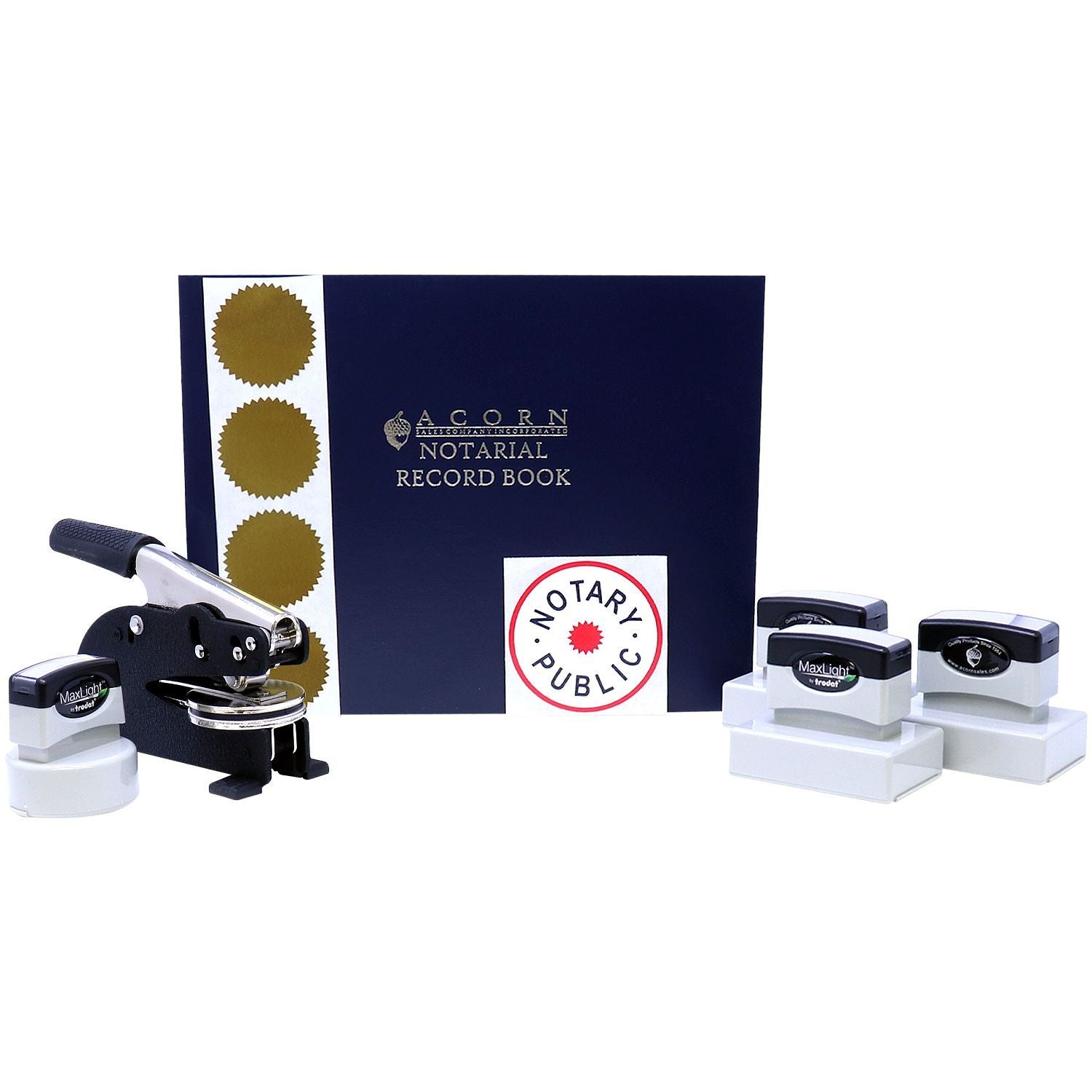 Notary public record book with embossing seal and self-inking stamps for official notarization supplies.