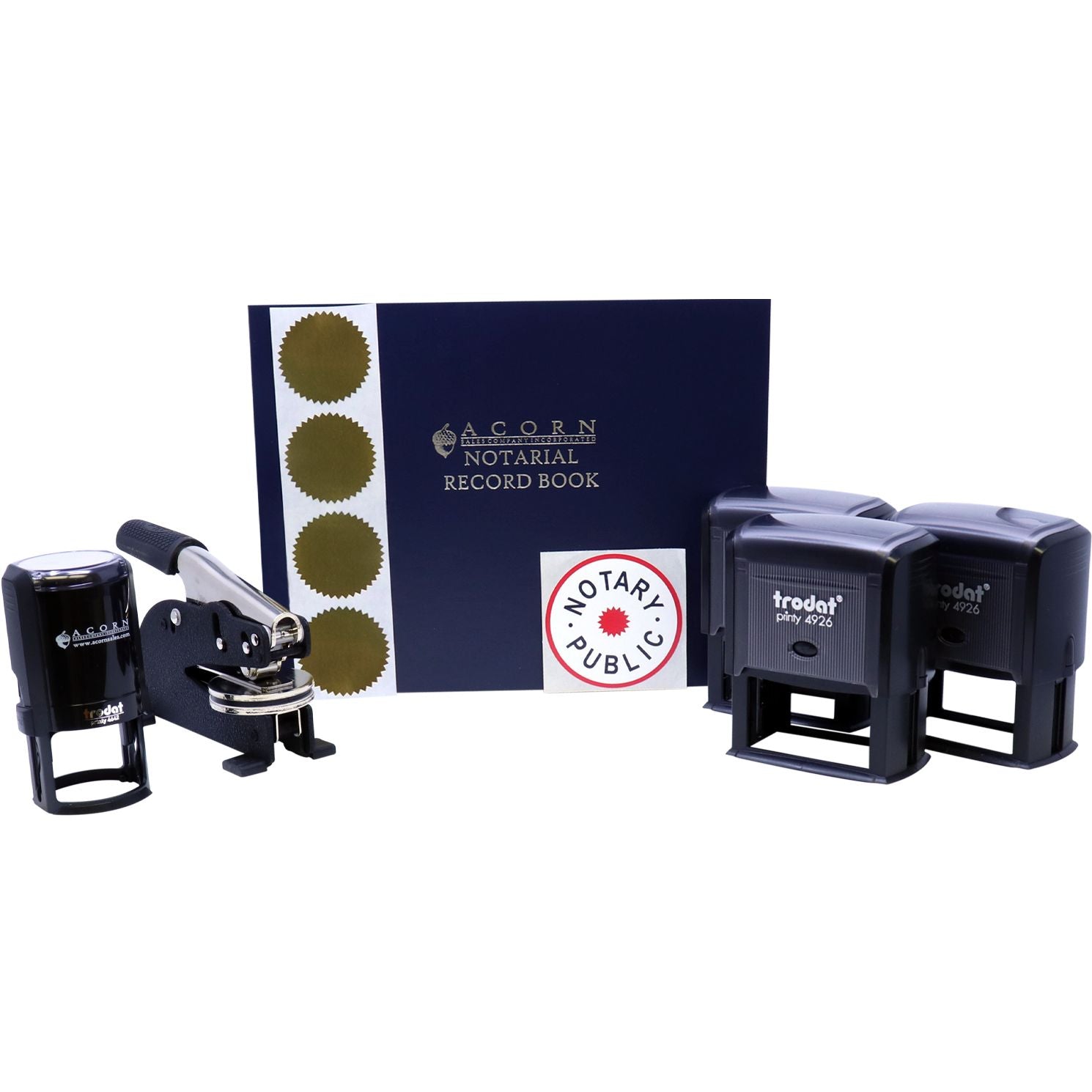Notary public supplies set with notarial record book, embossing seal press, and Trodat stamp pads on a white background.