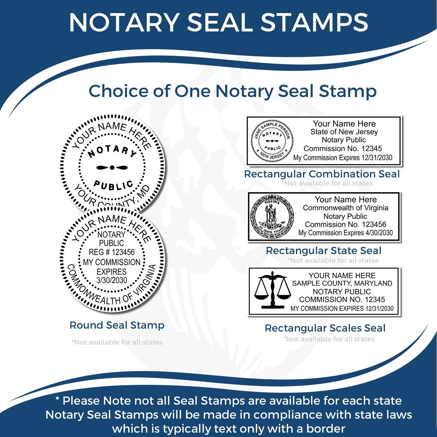 Notary seal stamps promotional graphic showing round and rectangular notary public seal options, including combination, state, and scales seals, with state law compliance note.